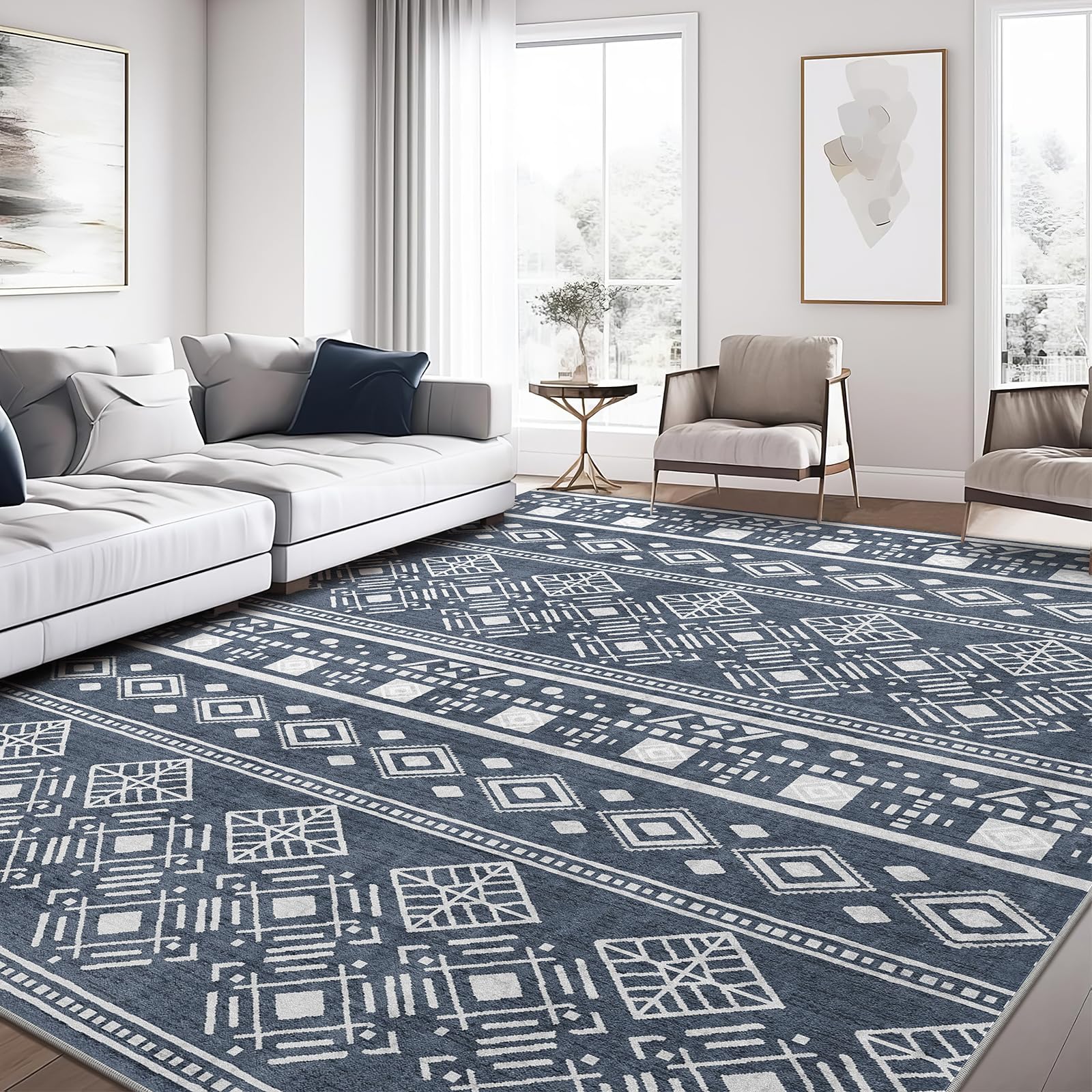 XSIVOD Alfombra 160x220 cm, Gran Formato Pelo Corto, Diseño Boho Vintage, Lavable y Antideslizante, para Salón, Dormitorio, Cocina, Comedor, Oficina, Azul Marino