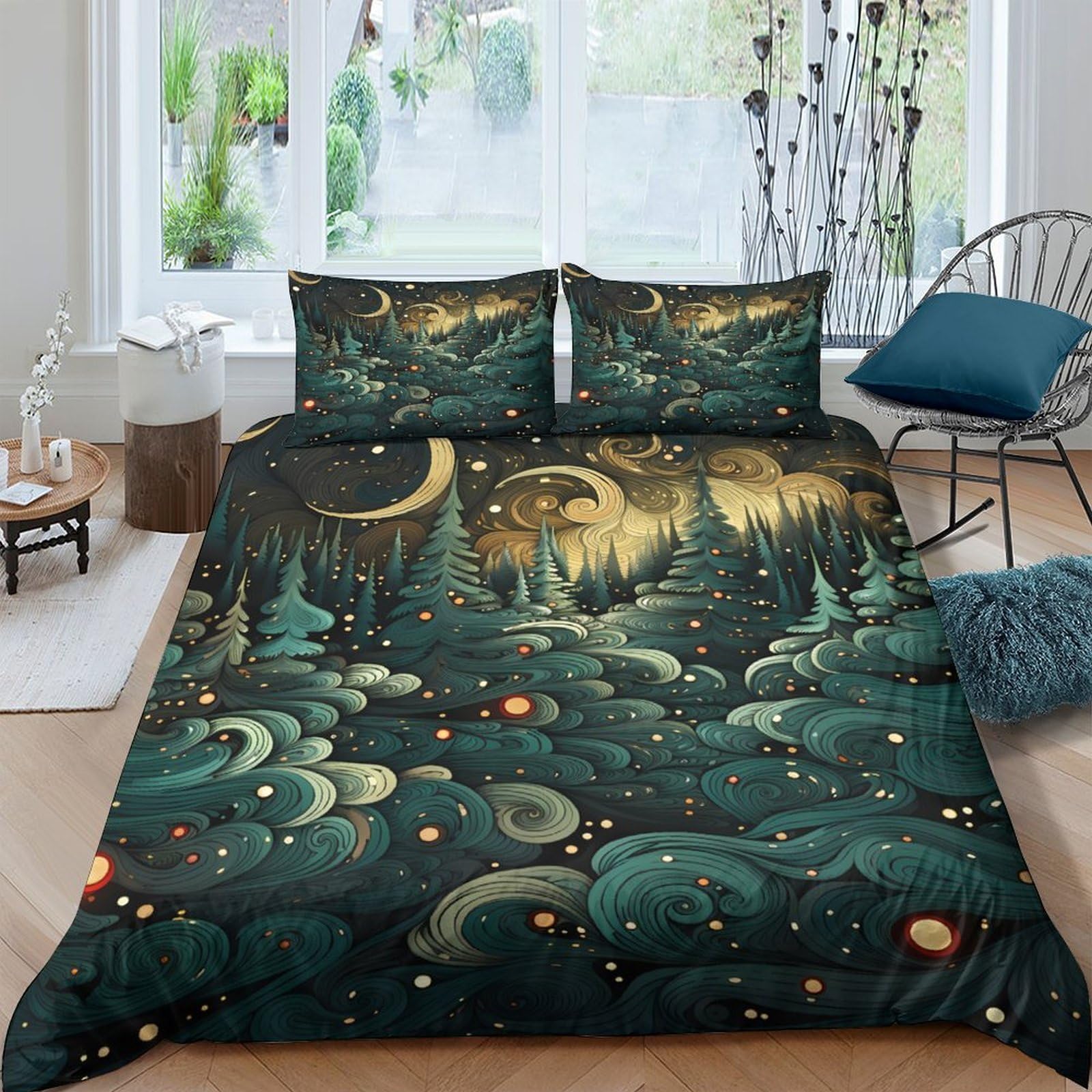 Ctjqhvkz Style-7 3D Printed Forest Night Fitted Sheet Microfiber Soft Green Moonlight Mattress Cover For Bedroom Guest Room Decor Single（135X200cm）