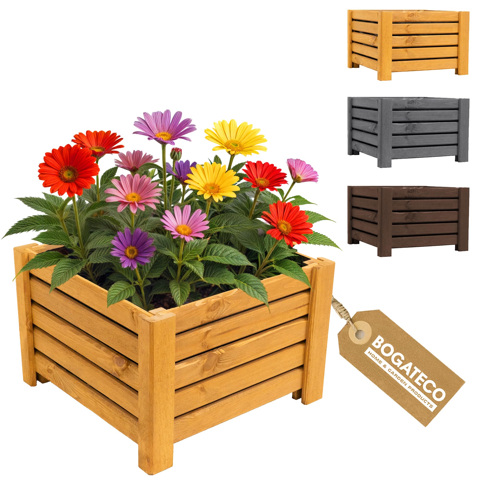 BOGATECO Fioriera per Esterni in Legno | 38 x 38 cm | Marrone | Perfetto per Giardino Terrazza Balcone | Scatola Quadrata | Costruzione e Impregnato Robusta | Arriva Assemblato | con Agro-Tessile