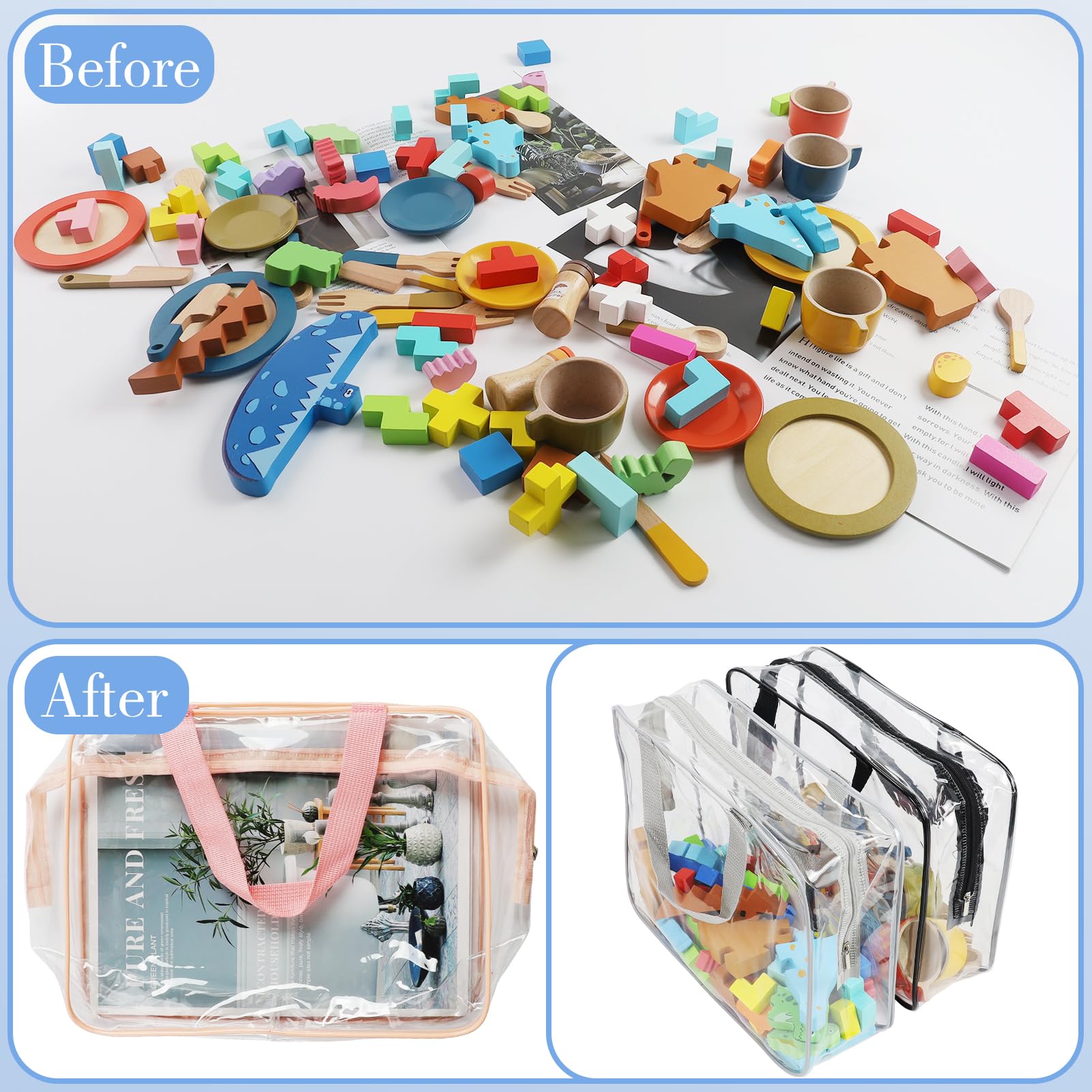 8 bolsas grandes transparentes de almacenamiento de juguetes con cremallera, reutilizables, de PVC, impermeables, organizadoras de juguetes con asa portátil para bloques de construcción, rompecabezas