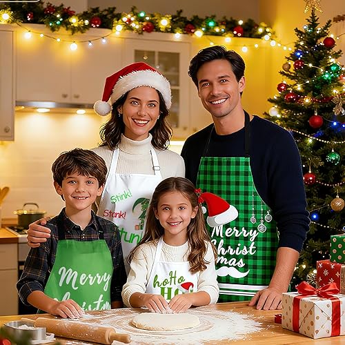 Miniatura 5 de Juego de 4 delantales de Navidad  Delantales ajustables con árbol de Navidad, medias, muñeco de nieve para la familia, decoración festiva de cocina