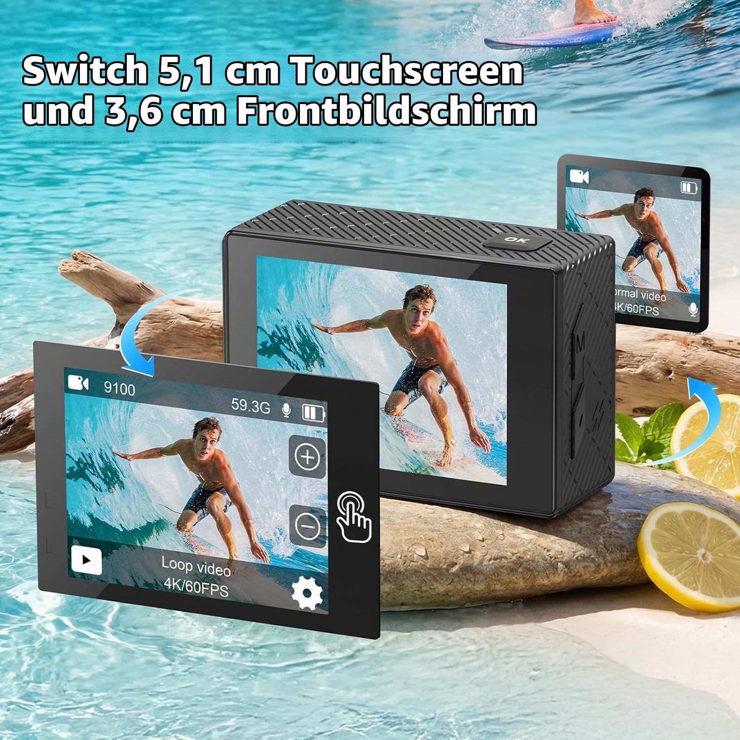Actioncam 4K 60FPS WiFi Unterwasserkamera 40MP 40 Meter wasserdicht mit Touchscreen, 170° Weitwinkel, EIS-Bildstabilisierung, 5X Zoom, 2,4G Fernbedienung & 2 Akkus 1350mAh