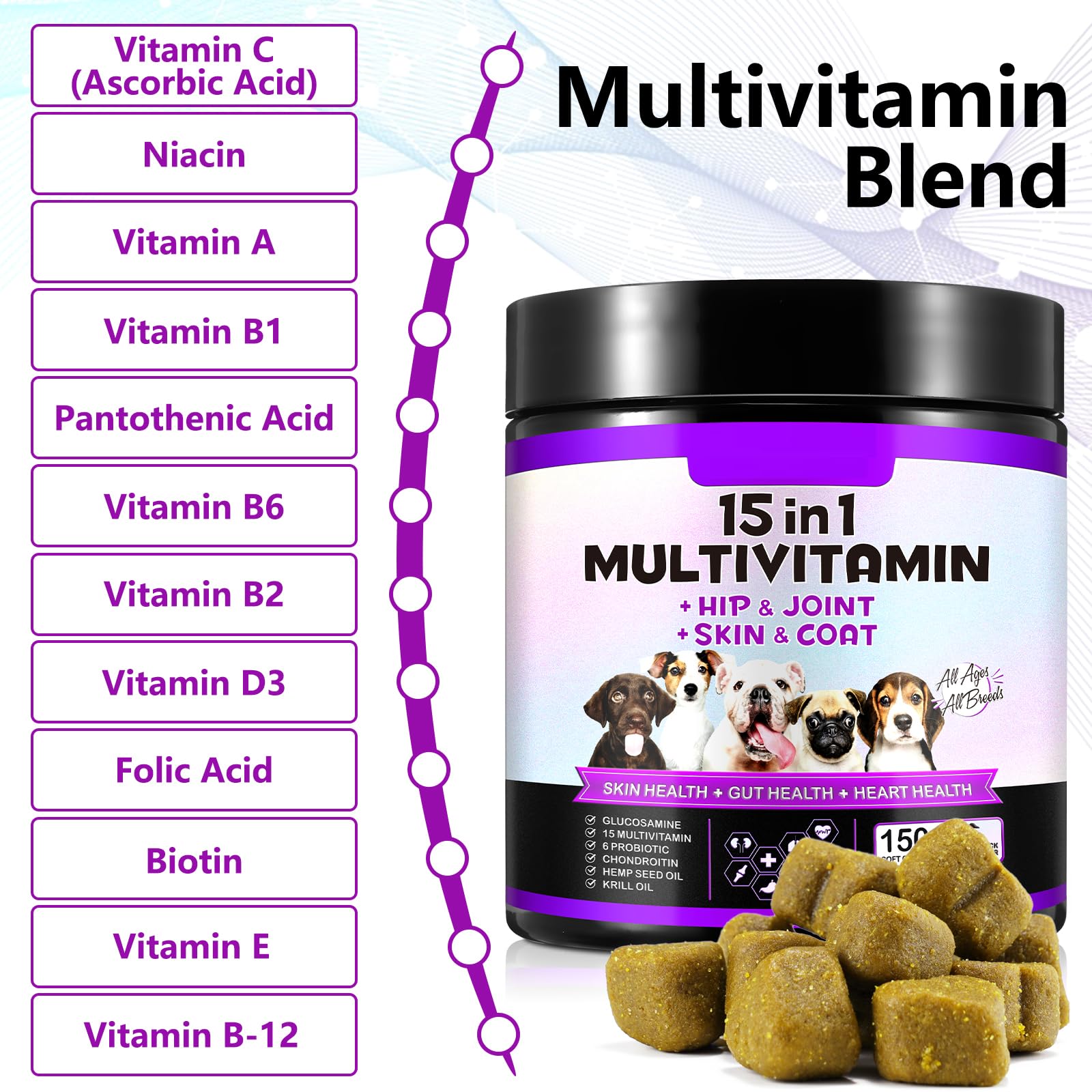 15 en 1 Golosinas Multivitamínicas, 150 Vitaminas Masticables para Perros, Suplementos de Cadera y Articulación, Sistema Inmunológico, Piel y Abrigo, Todas Las Edades y Razas, Sabor a Pato