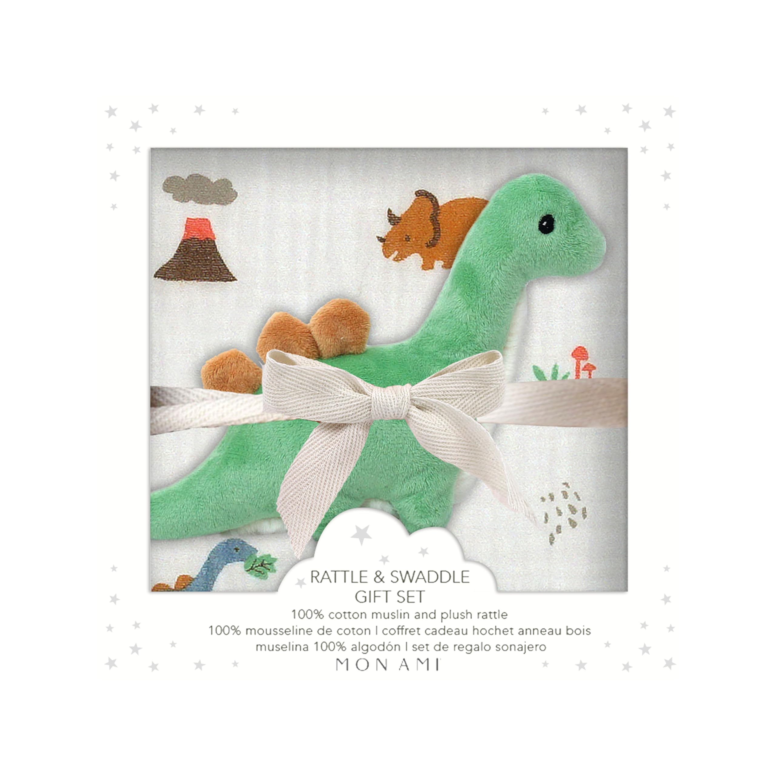 Mon Ami Multicolor Jurassic Swaddle & Rattle Gift Set | Soft Cotton Muslin Baby Blanket With Plush Dinosaur Rattle | Breathable, Multi-Use Newborn Swaddle | Baby Shower & Newborn Gift
