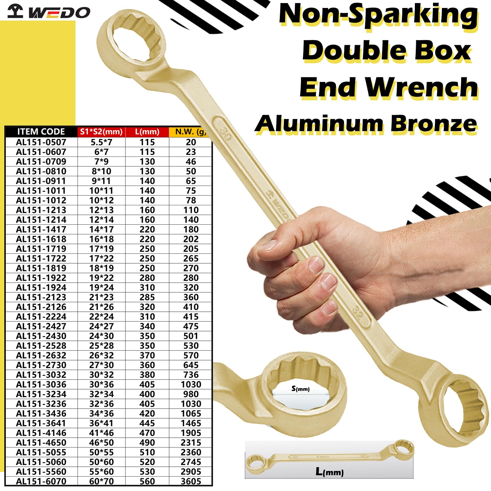WEDO Llave de doble caja de 30 grados sin chispas, llave combinada métrica de 24 x 27 mm, longitud de 340 mm, bronce de aluminio, estándar DIN, certificado BAM y FM