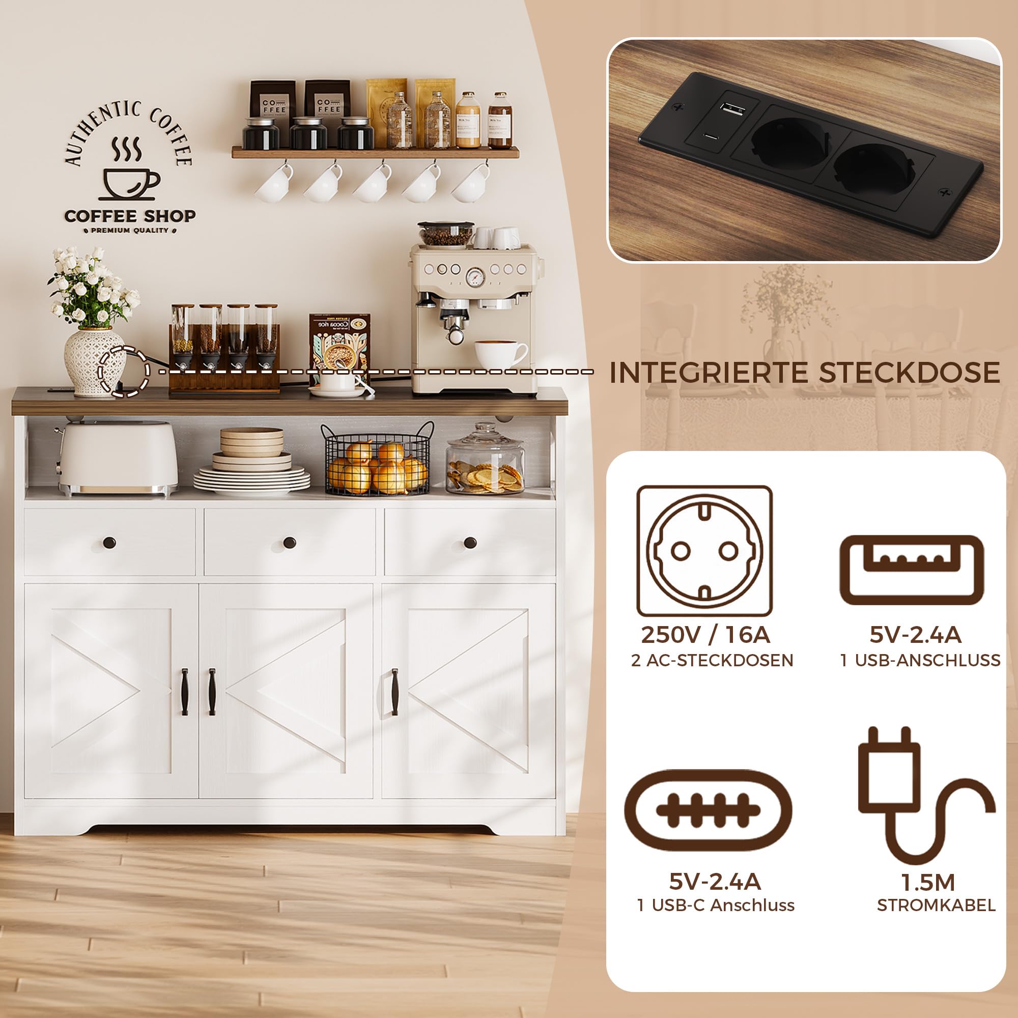 IRONCK Küchenschrank Sideboard mit Steckdose 2AC+1USB+1C, Aufbewahrungsschrank 3 Schubladen 3 Türen, Küchenbuffet Kaffeebar Schrank für Wohnzimmer Esszimmer, verstellbare Ablage 107x35x95cm (Weiß)