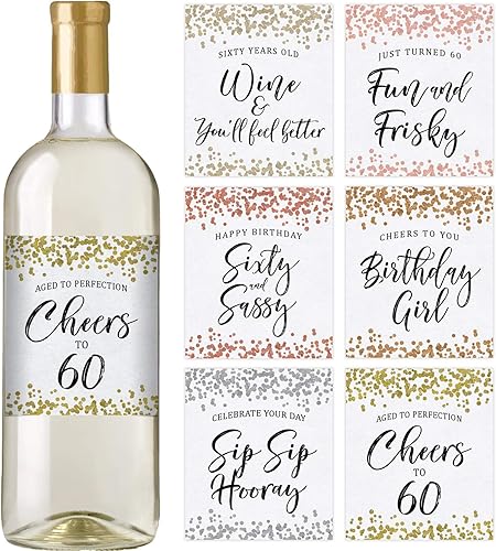 Printed Party Etiquetas para botellas de vino de cumpleaños número 60, confeti, juego de 6