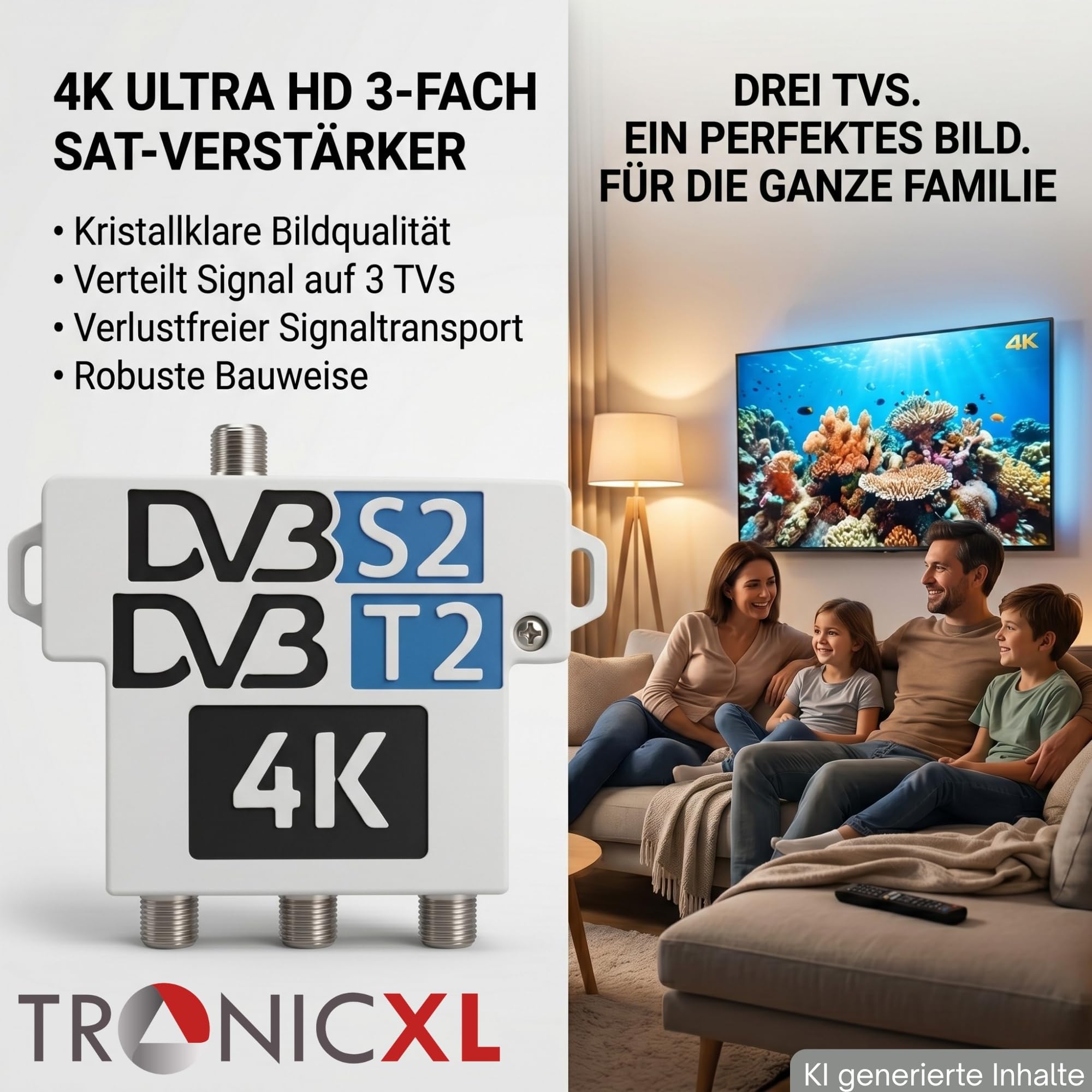TronicXL Amplificatore di segnale da 60 dB con splitter satellitare a 3 vie, distributore antenna per DVB-S2 (satellite) / DVB-T2 (antenna), 4K 8K UHD TV morbido