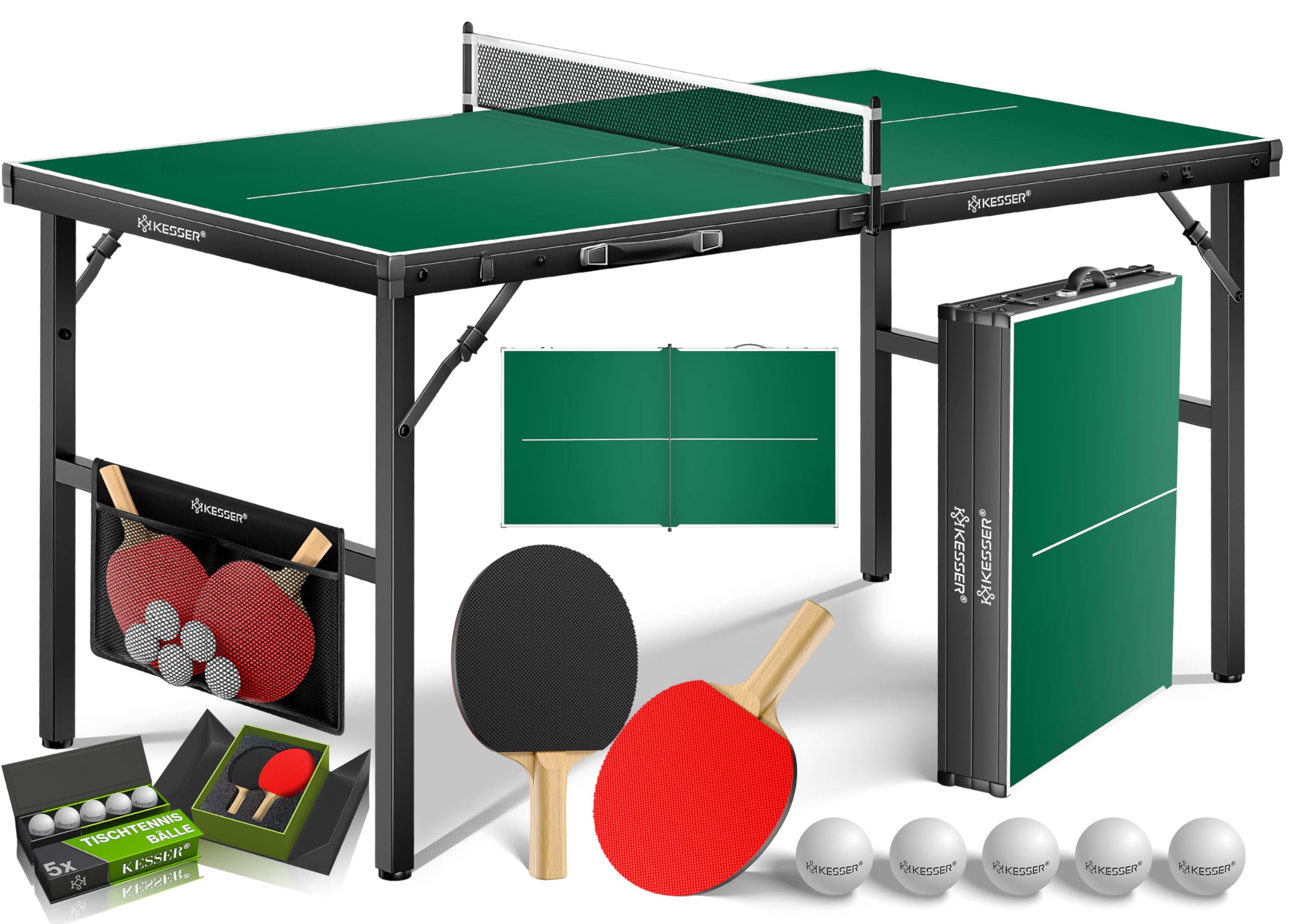 KESSER Mini tavolo da ping pong per esterni, con set di racchette da ping pong, palline da ping pong e rete T, resistente alle intemperie, laminato, pieghevole, per viaggi, design a valigia, 153 x - 1