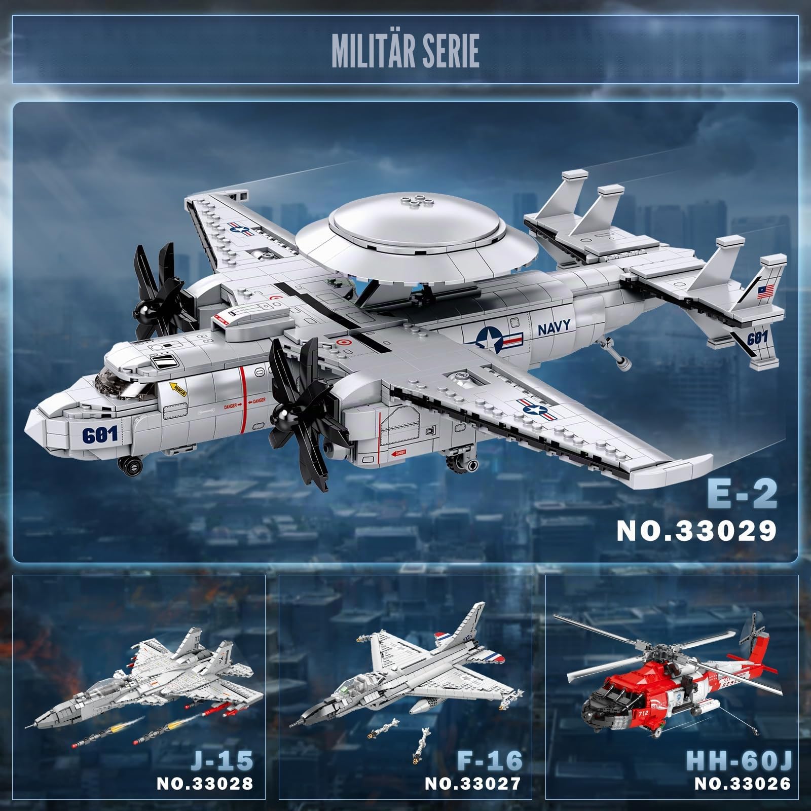 Reobrix E-2 Fighter Bauspielzeug-Set, Militär-Hawkeye Airborne Frühwarnjet-Flugzeugmodell für Erwachsene, 33029 Flugzeug, Hobby, Armee-Fan-Kollektion, Dekoration, Geschenke für Männer, Jugendliche ab