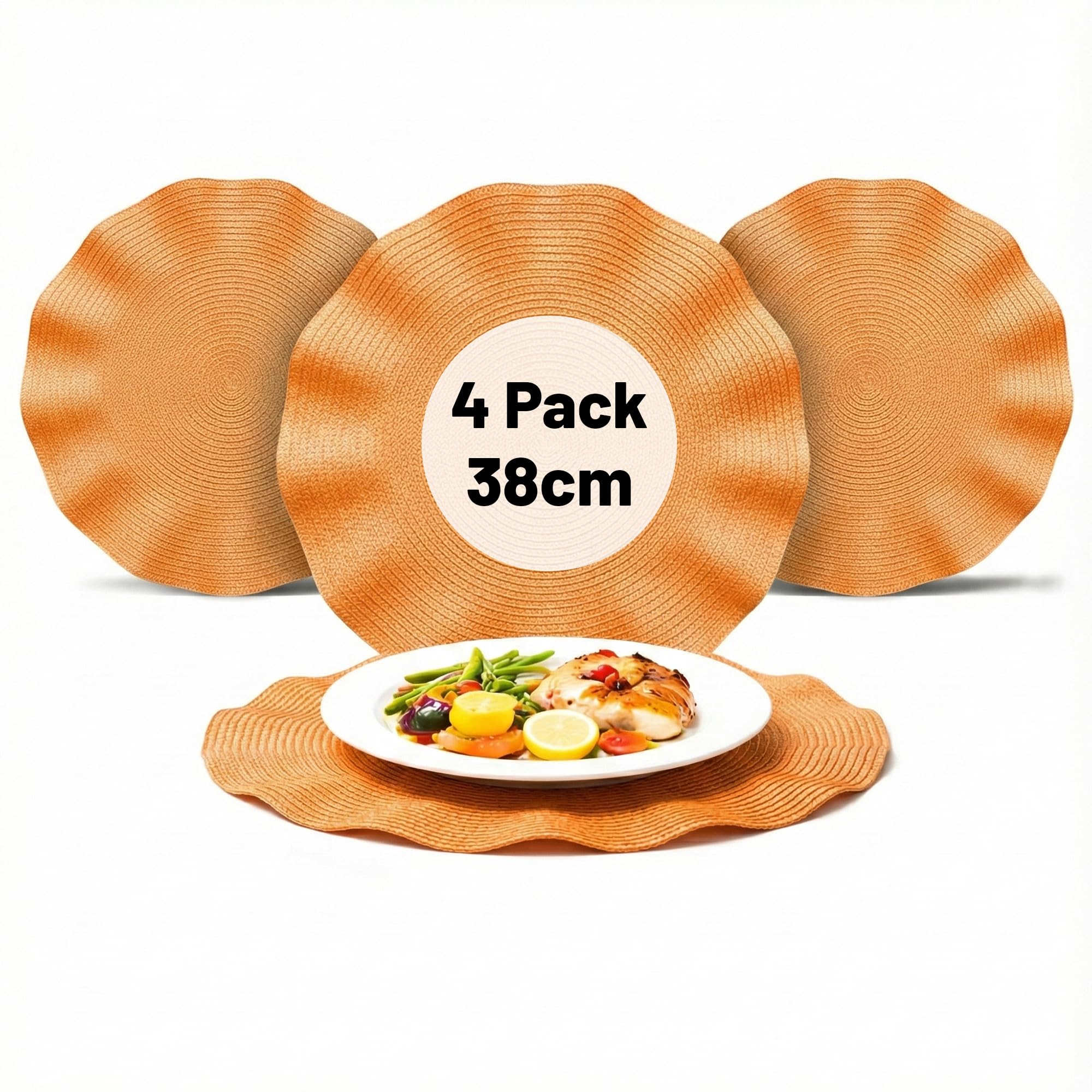 OBD Table Placemats Set of 4 Woven Table Mats Heat Resistant Non Slip Washable Round Dining Table Placemats Scalloped Edge Kitchen Table Mats for Home Decor (Orange, 38cm)