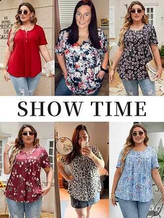 ROSRISS Womens-Plus-Size-Tops-Summer Buttons Up Henley Shirts V Neck Blouses Flowy Pleated Tunics Tee