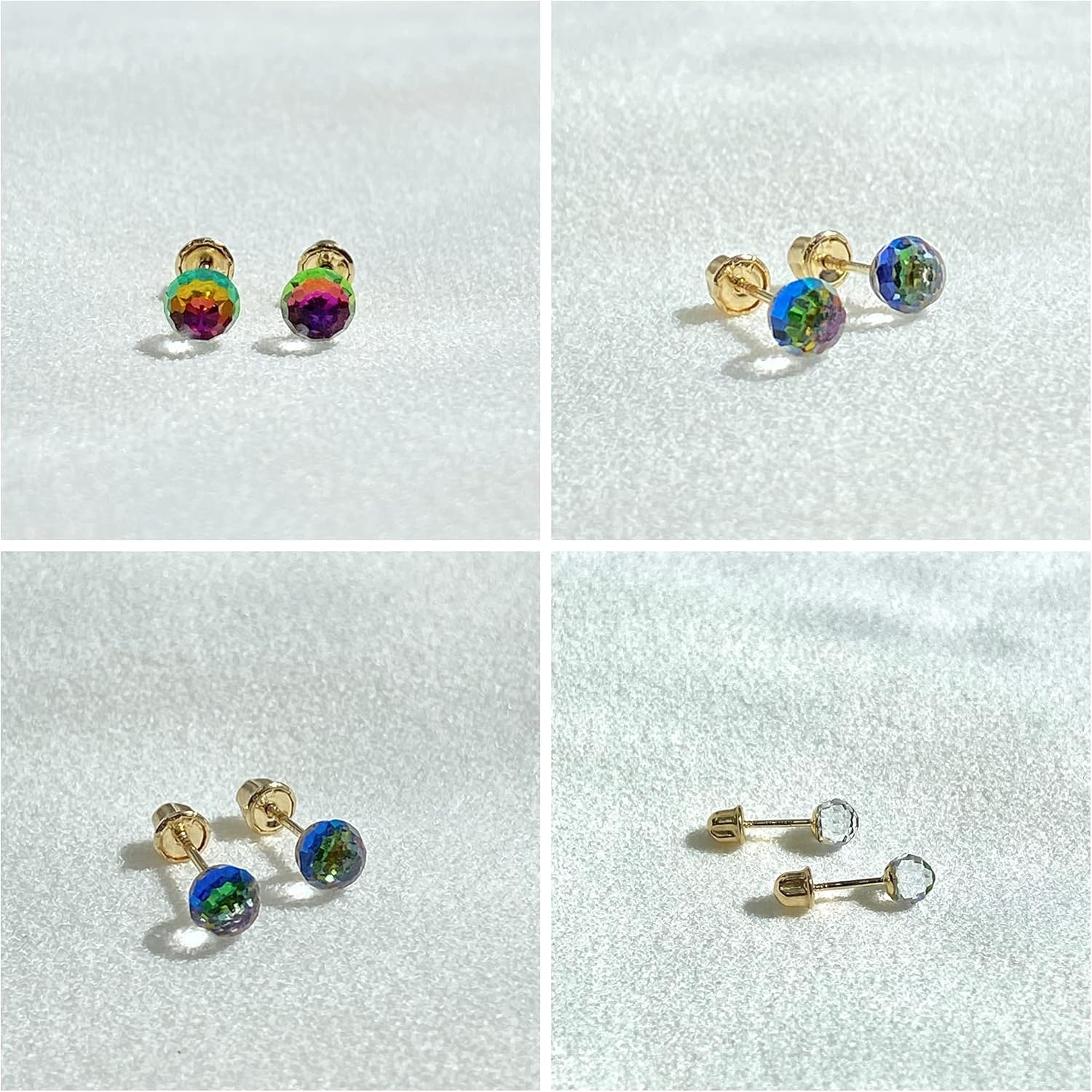 14K REAL Gold CZ Rainbow Crystal Disco Ball Stud Earrings for Women with Screw Backs