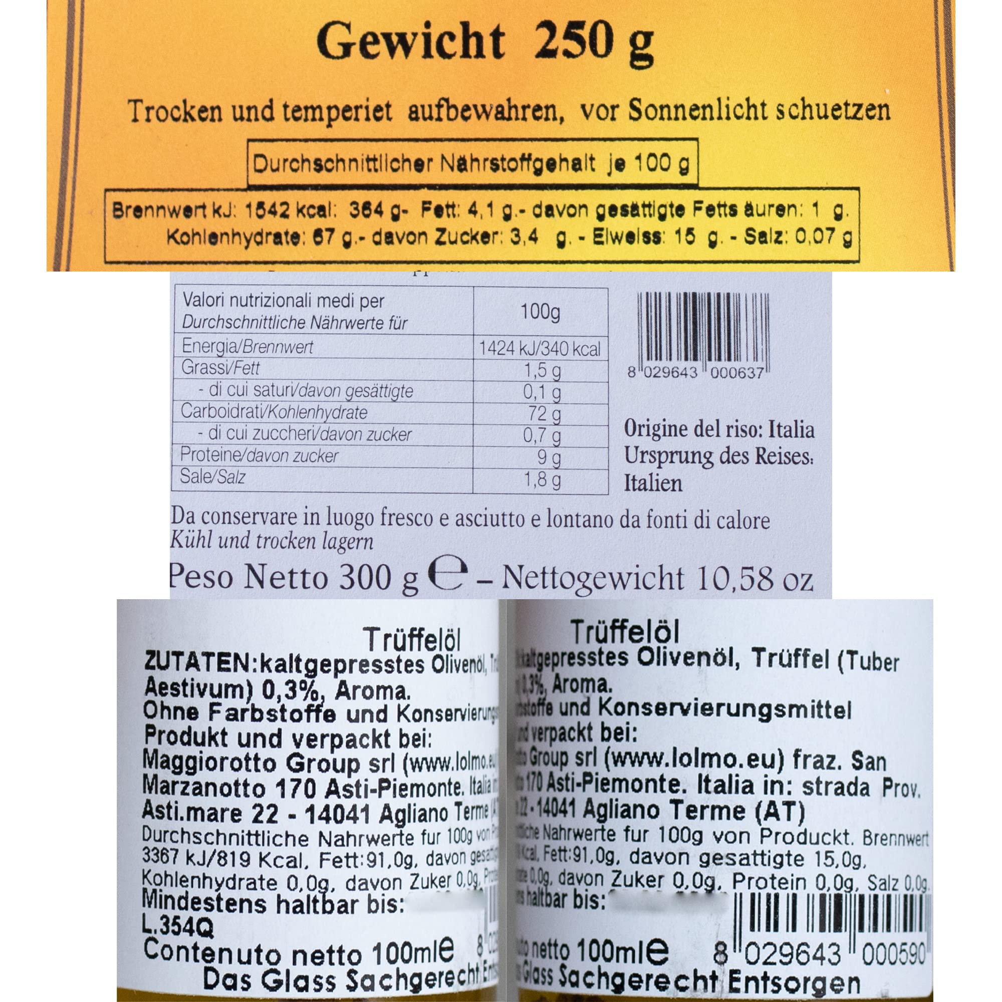 Weinpräsent Präsentkorb „Trüffelsuche“ mit italienischen Spezialitäten: Italienischer Feinkost und Barbera (13 % vol.) mit Trüffel-Risotto, Würzöl mit Trüffel, 2017 trocken (1 x 0.75 l)