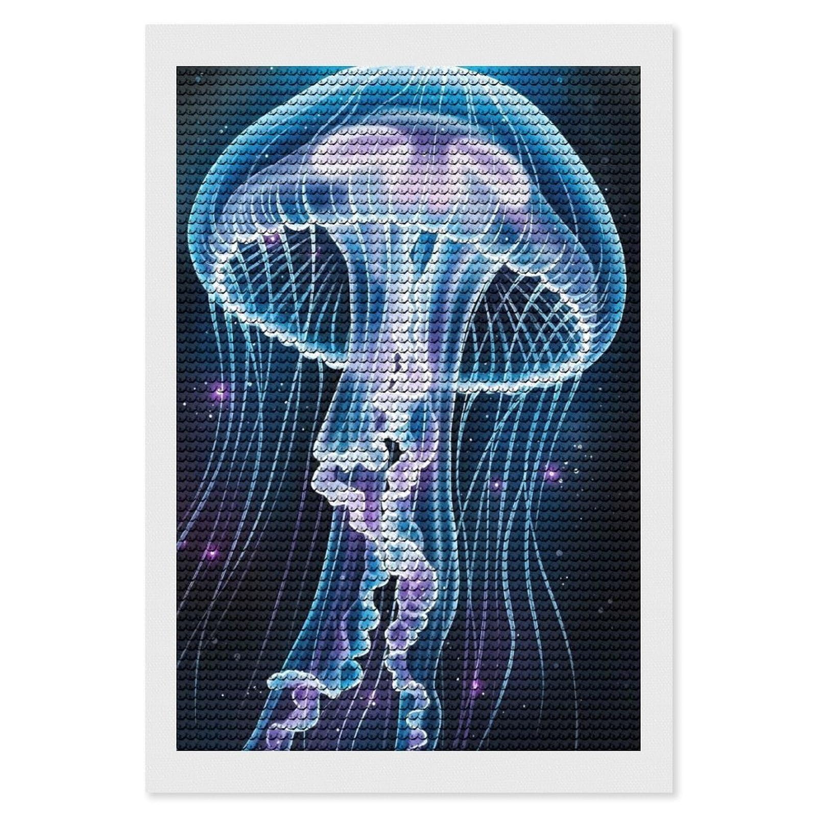 Junmoney Glowing Jellyfish in Deep Space DIY Diamond Art Canvas Kit 8"x12", Pleasing Wall Art Project, Easy Handmade Project, Living Room Decor