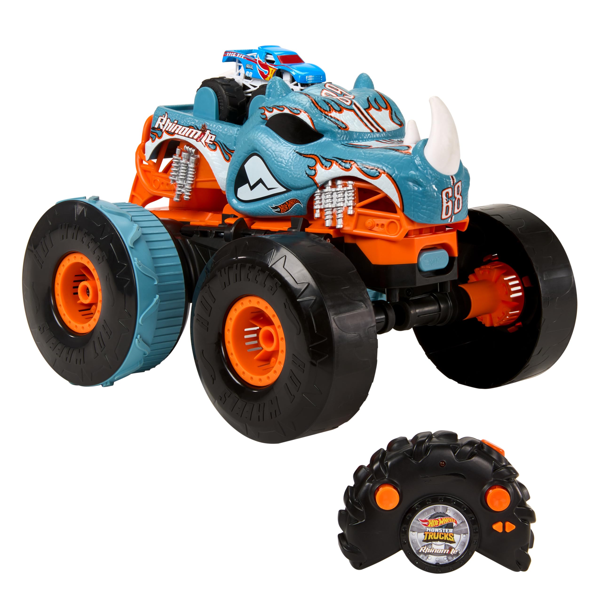Hot Wheels Monster Trucks Ferngesteuertes Auto, umbaubarer Rhinomite im Maßstab 1:12 mit Race Ace Spielzeugtruck im Maßstab 1:64, lässt Sich in einen Starter umbauen, HPK27