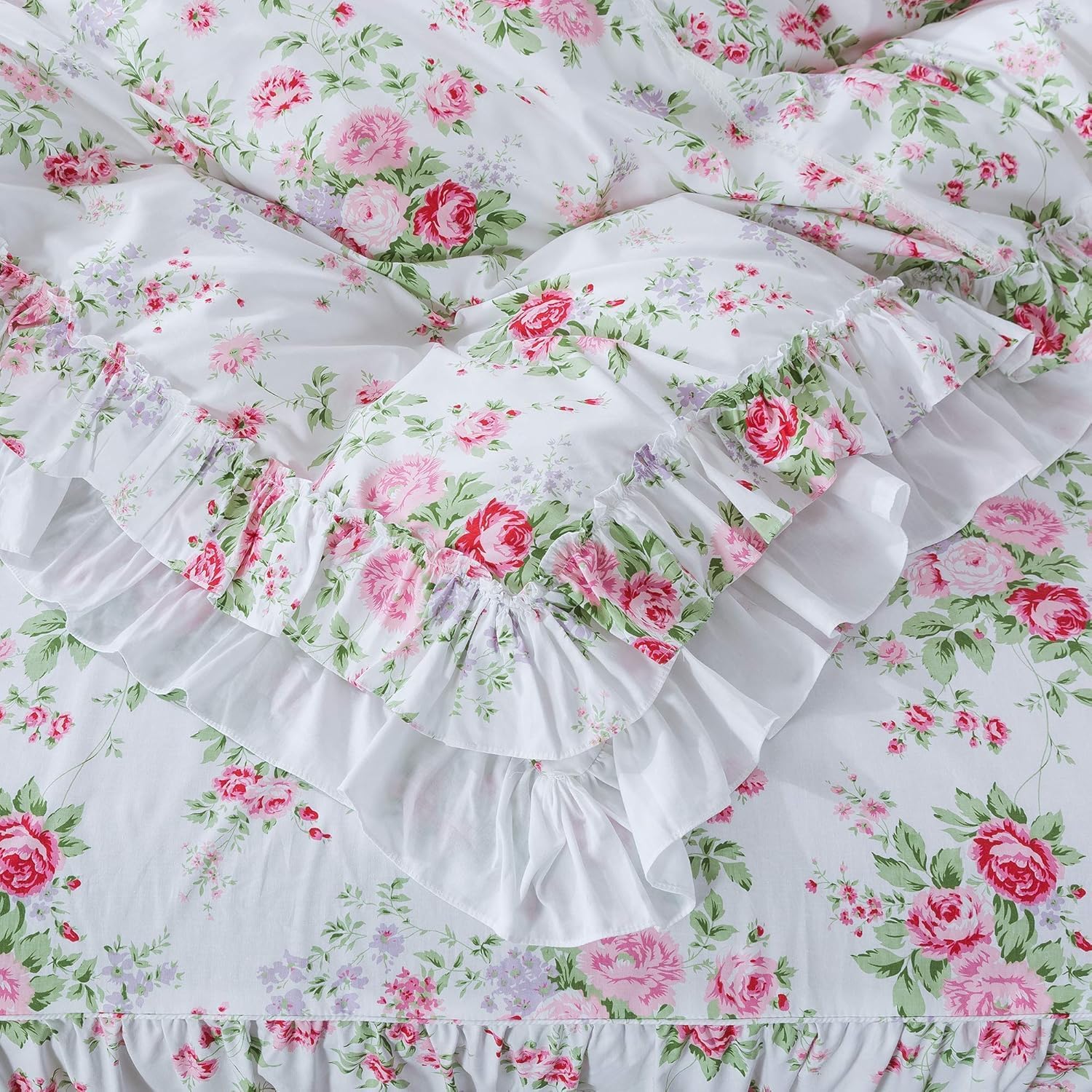 ABREEZE Pink Rose Floral Duvet Cover Set Twin Super Soft Women Girls Bedroom Decor Bedding Set Romantic Floral Bed Covert Collection Princess Ruffle Quilt Cover Set for Girls 3 Pieces