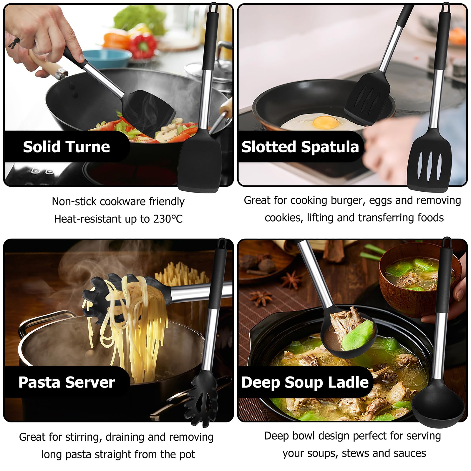 HaWare Set di utensili da cucina, 6 pezzi in silicone nero, resistenti al calore, con manico in acciaio inossidabile per utensili da cucina antiaderenti, gli strumenti da cucina includono mestolo