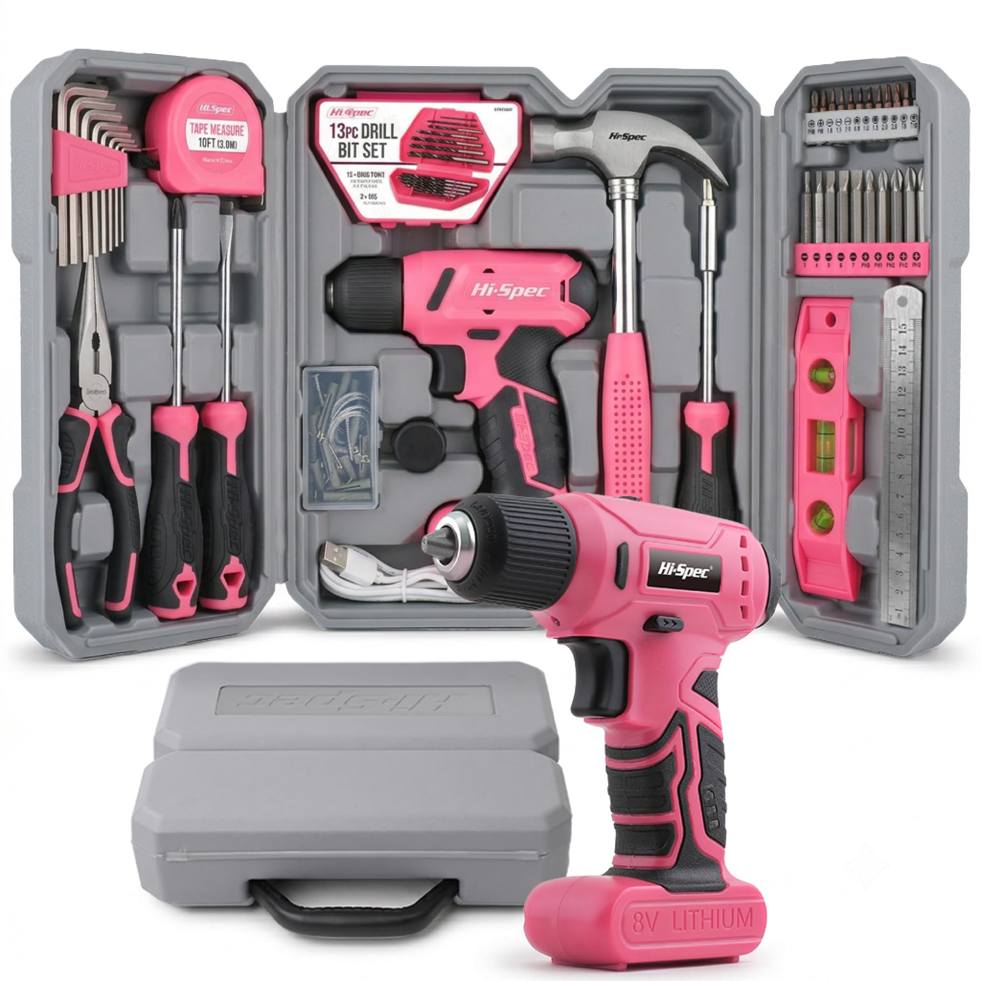 Hi-Spec 8V Cordless Drill Driver & Household Tool Kit for Repairs, Pink
