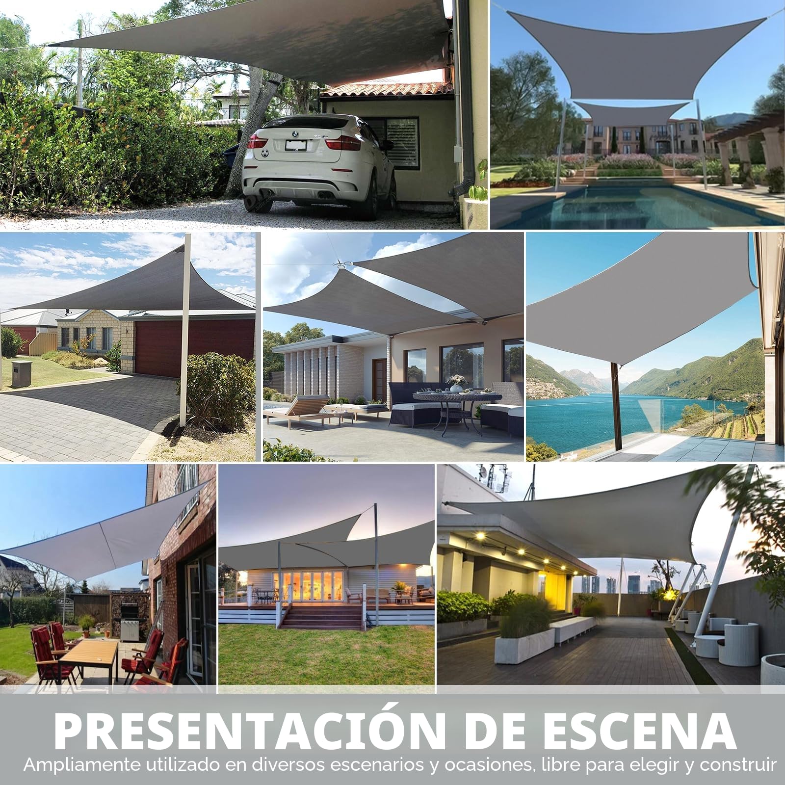 Toldo 3x4m, impermeable, solar y anti-viento, rectangular, cuerdas de fijación, tela para jardín, balcón y terraza, color gris
