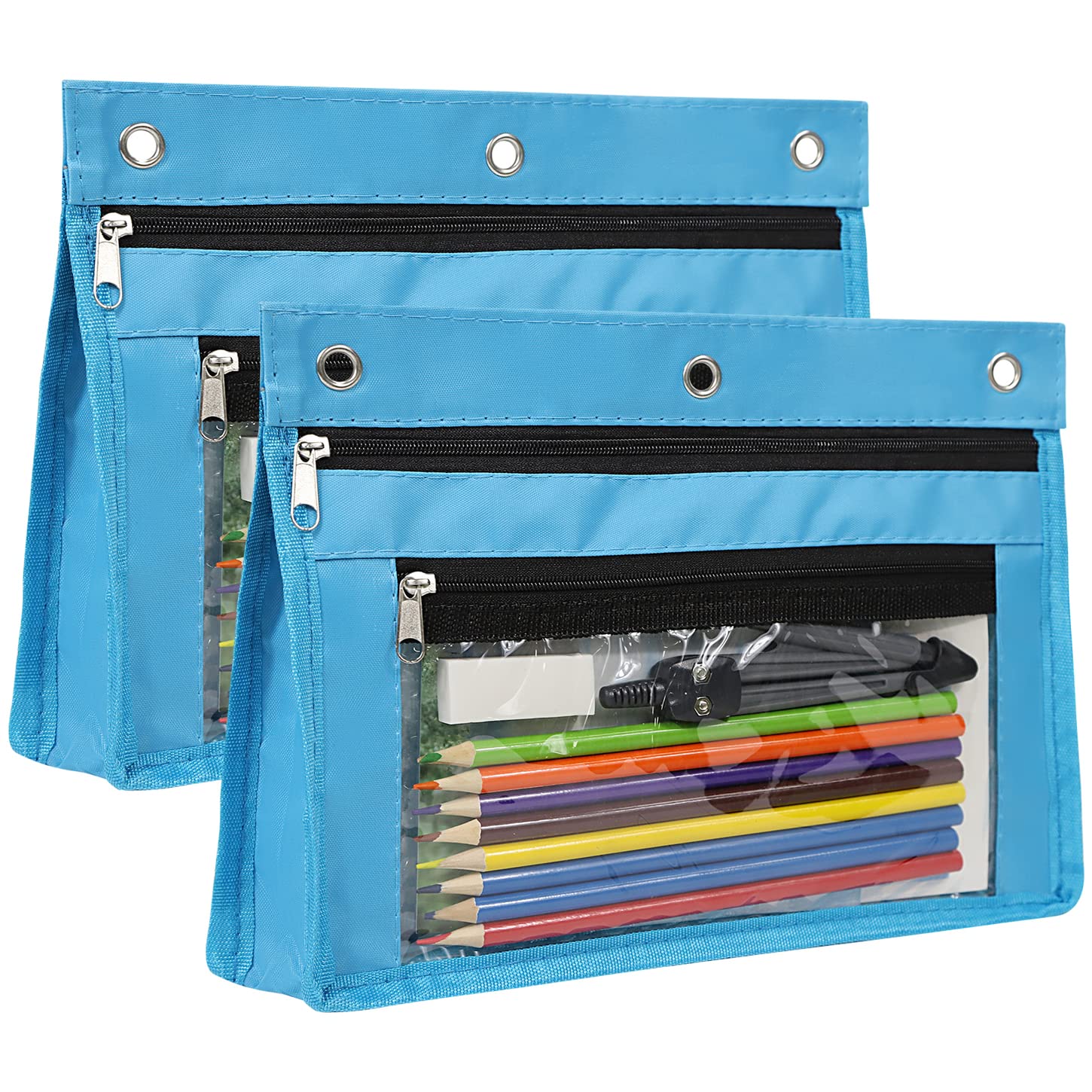 YoeeJob 2 Pack 1 Inch Expandable Zipper Pencil Pouches with Clear Window for 3 Ring Binder, Suitable for School & Office(Sky Blue)