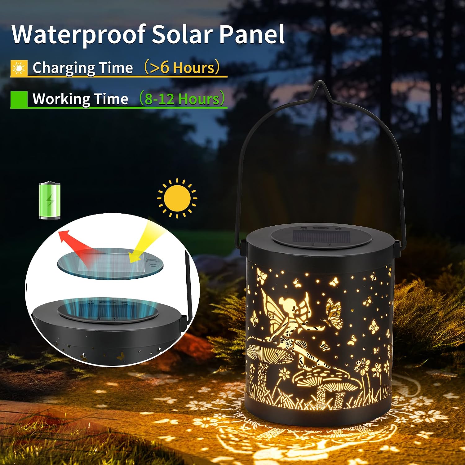 HPC 2 Pack Solar Lantern Outdoor Waterproof Flower Fairy Garden Decoration Gift for Women Mom Grandma Hanging Light Metal Solar Decoration Outdoor Suitable for Patio, Balcony, Backyard, Porch