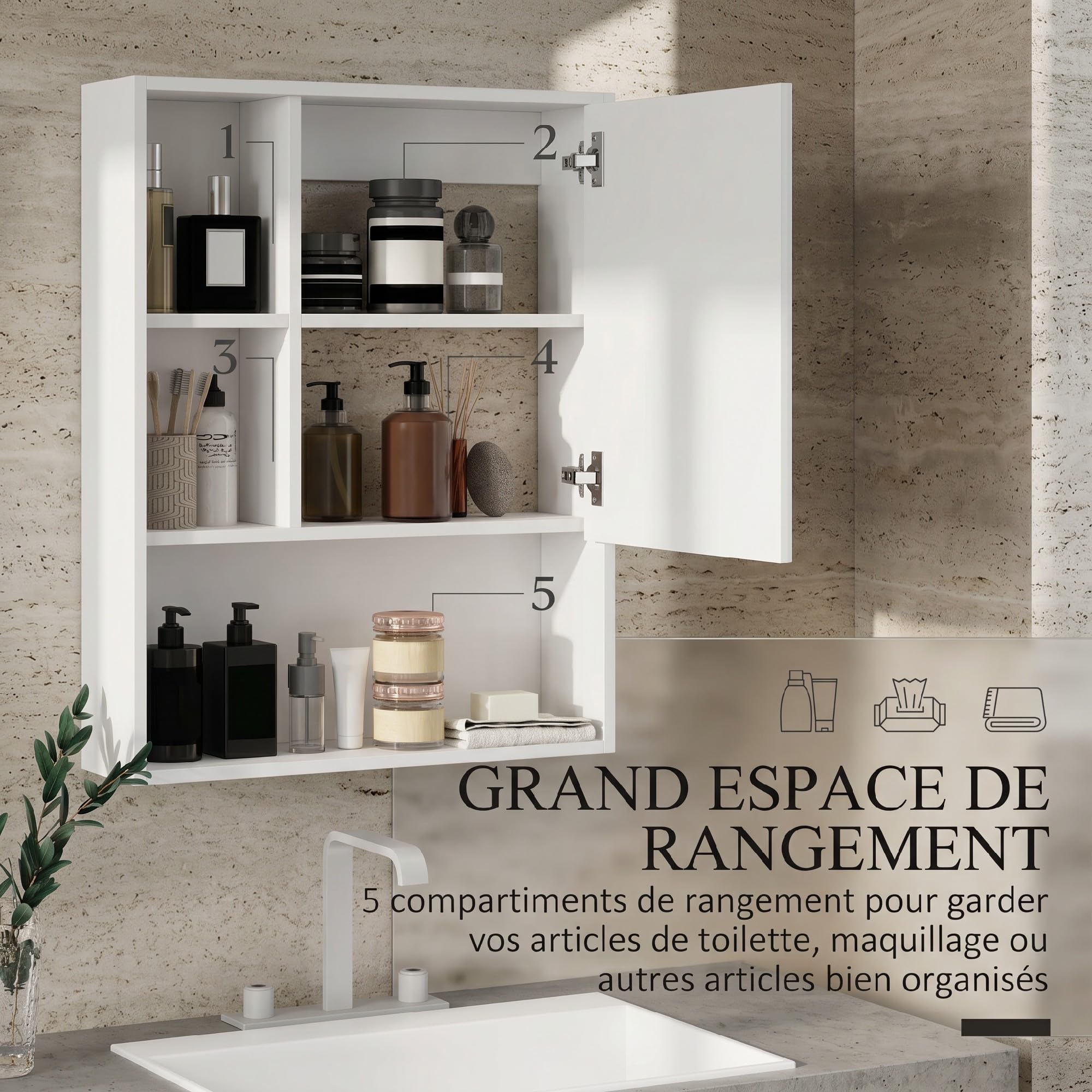 kleankin Armoire Murale Salle de Bain avec Porte Miroir, 60 x 15 x 76 cm, Meuble Salle de Bain, Armoire de Toilette, 5 Compartiments et étagère réglable, Blanc