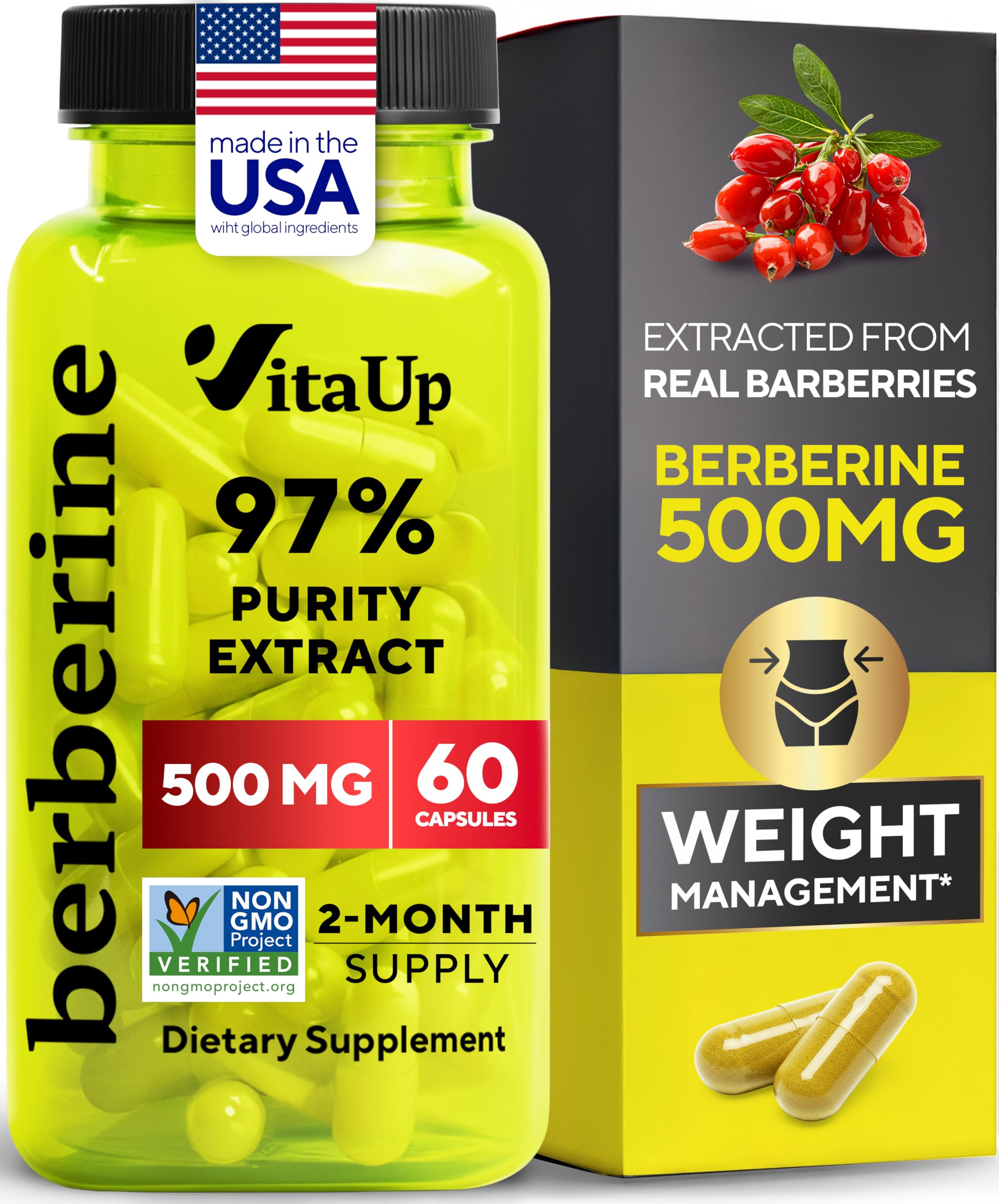 Berberine Supplement 500mg - USA Made Berberine 500mg - Non-GMO Berberine HCL - Berberine Supplements for Weight Management, Energy, Immune Support - 60 Capsules