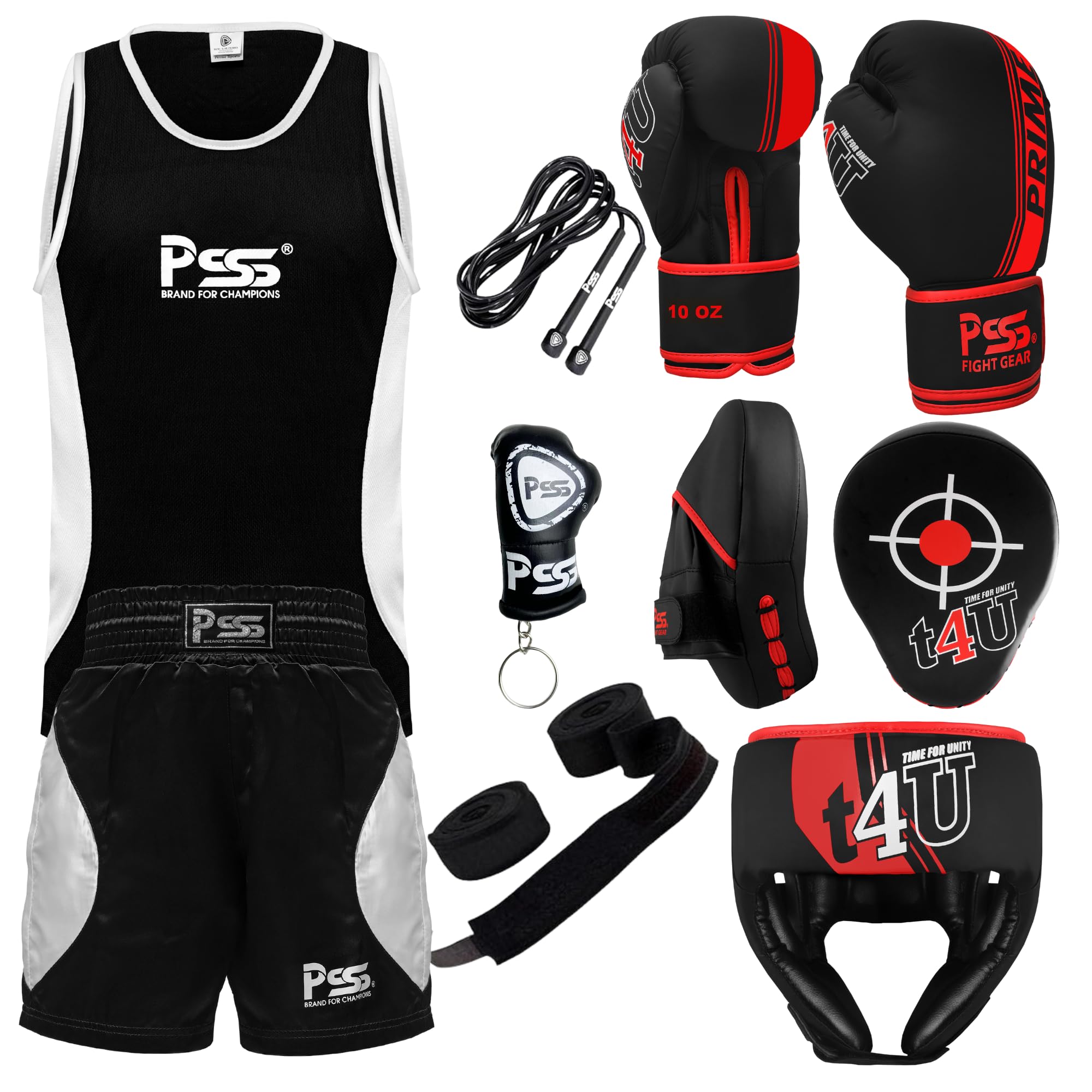 PSS Kids Boxing Set-Boxing Gloves, Uniform, Focus Pad, and Head Guard - Safe, Durable, Lightweight Equipment for Boys/Girls Youth Training, Fitness (Red, 11-12Year/8oz)