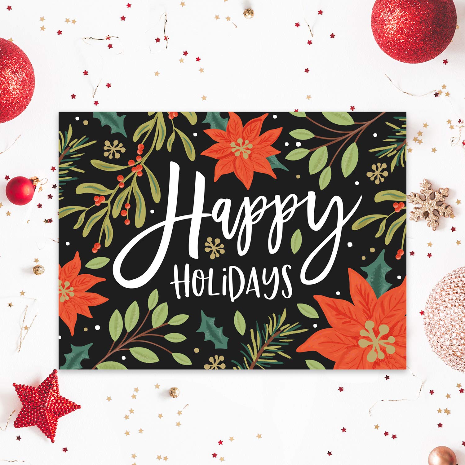 Weihnachtskarten mit Blumenmuster, 61 x 12 cm, mit weißen Umschlägen, illustrierte Weihnachts-Notizkarten