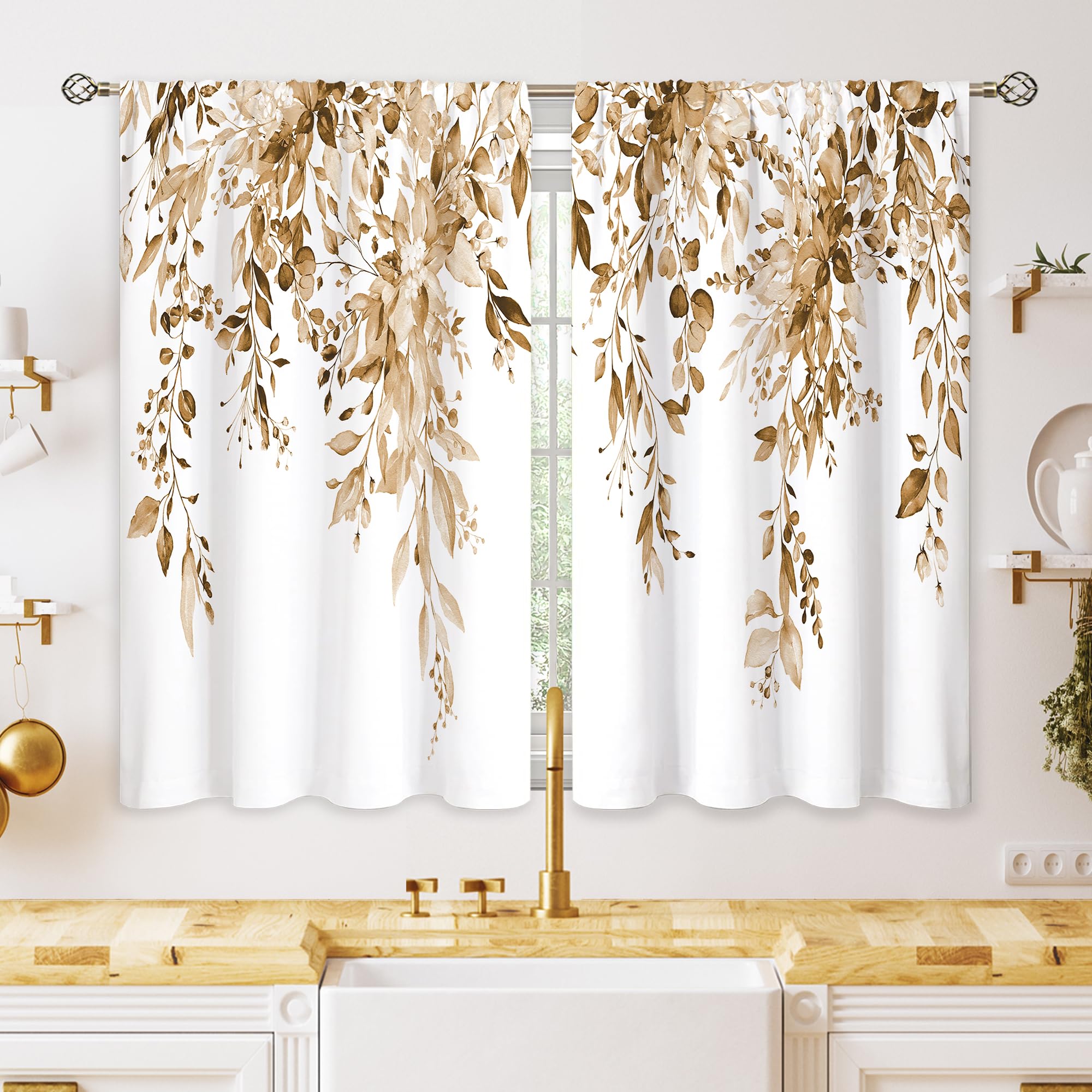 oolygoo Eucalyptus Floral Curtains, Botanical Leaves, Kitchen, Window, Over the Sink, Farm, Flower, Leaf, Small Window, Tan Treatment, Floral, Coffee, Short Curtains for Bathroom 66x91 — image 1