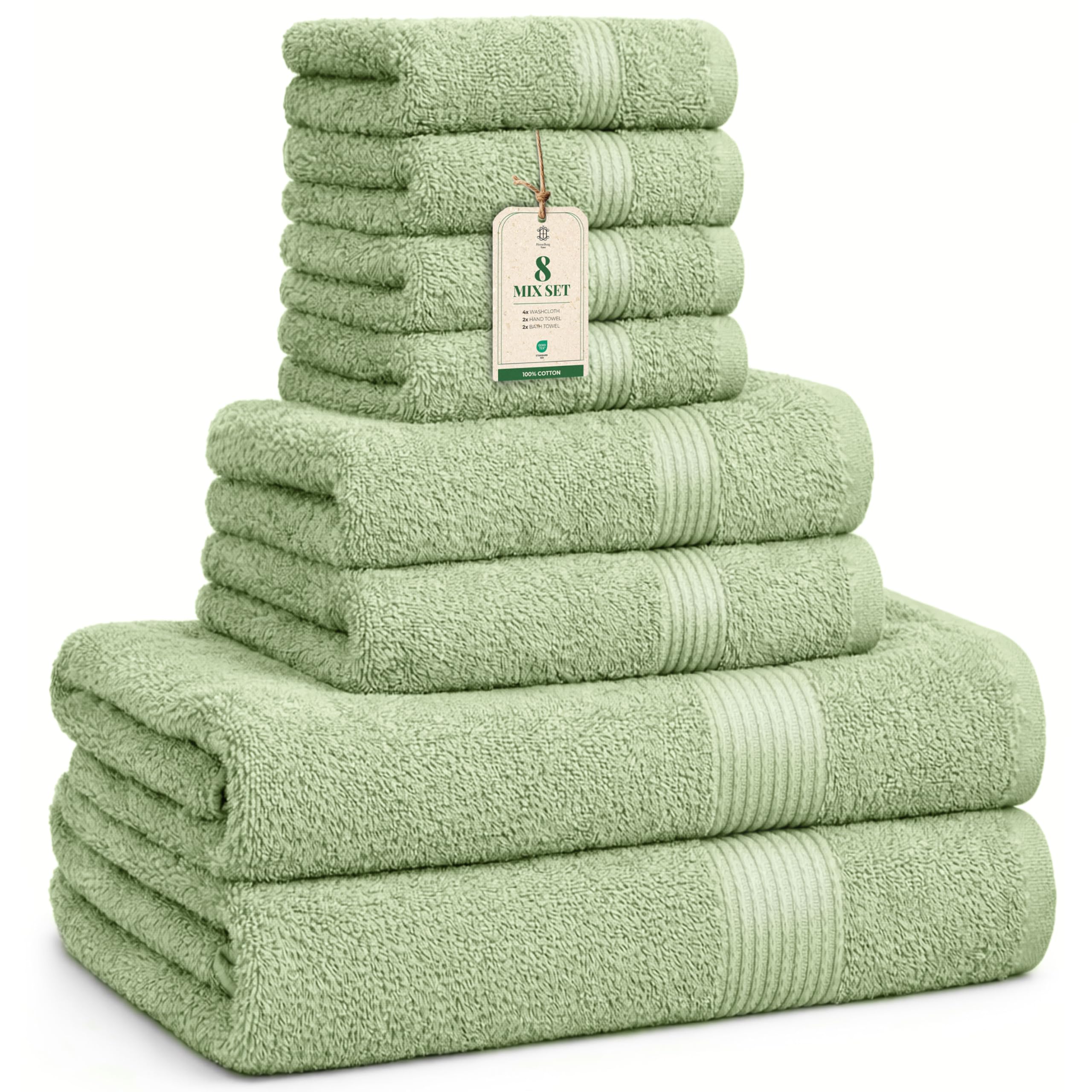 HomeBurg Luxe Set – Washcloths (30 x 30cm), Hand Towels (40 x 70cm) & Bath Towels (65 x 137 cm) – 100% Cotton, Soft, Absorbent, Easy Care, Versatile, Sage Green — image 1