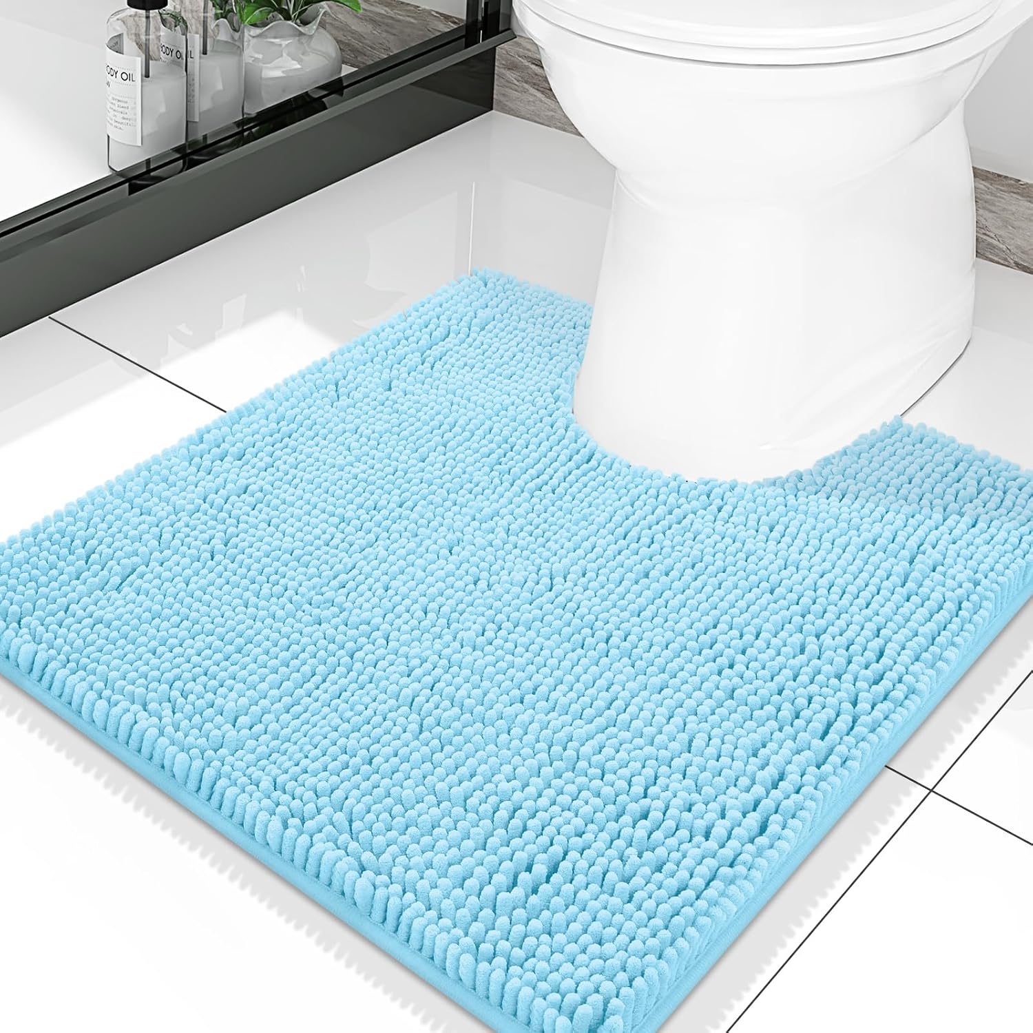  Luxury Chenille Toilet Rugs U-Shaped 20x20, Soft Absorbent Non-Slip Contour Bathroom Rugs for Toilet, Machine Washable Contoured Bath Mats, Sky Blue