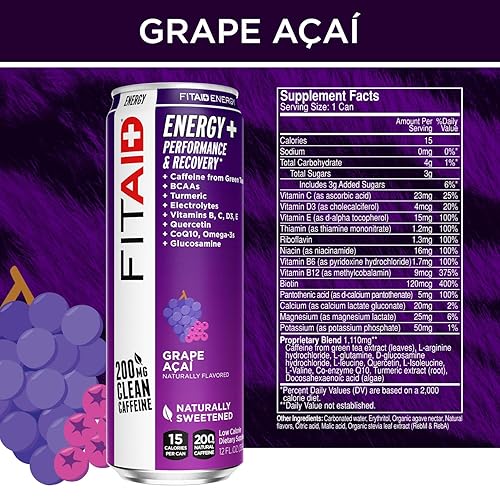 Miniatura 2 de FITAID ENERGY GRAPE AÇAI, 200 mg de cafeína natural, Keto, rendimiento previo al entrenamiento BCAAs, quercetina, electrolitos, omega-3, 15