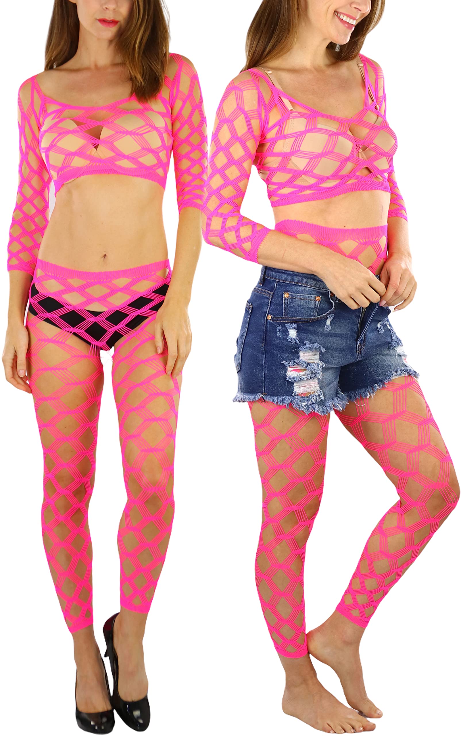 ToBeInStyle Women's Spandex Multi Net Fishnet Set Rave Novelty Party Crop Top &amp; Tights