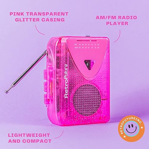 Miniatura 3 de RetroFuture Inc - Reproductor de cinta de casete rosa portátil radio FM AM con altavoces externos funciona con batería 2AA y auriculares rosados