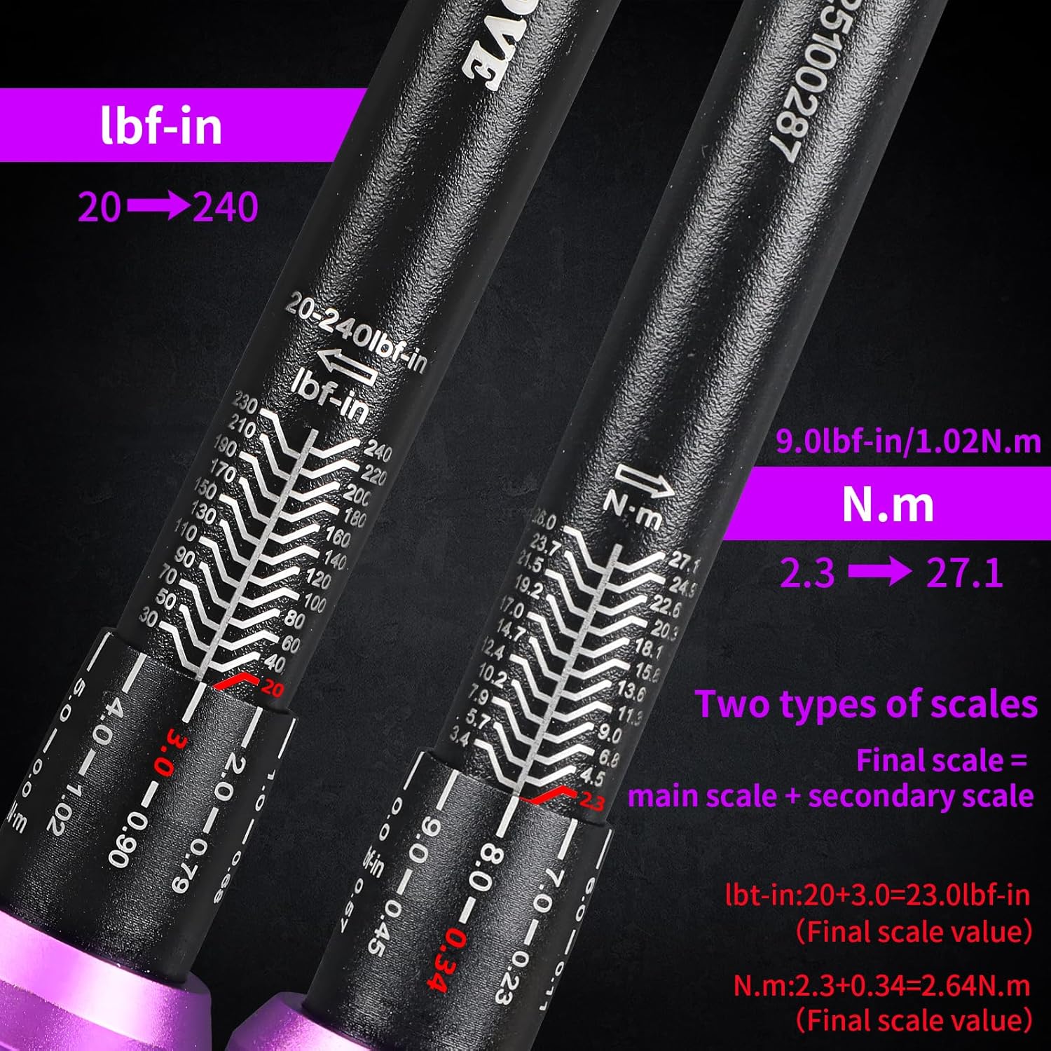 1/4" Inch Drive Click Torque Wrench 20-240 FT-LB/2.3-27.1N.M, ±3% Accuracy, Dual-Direction Click Professional Torque Wrench, Dual Range Scales Graduated in FT.LB and N.M, Purple