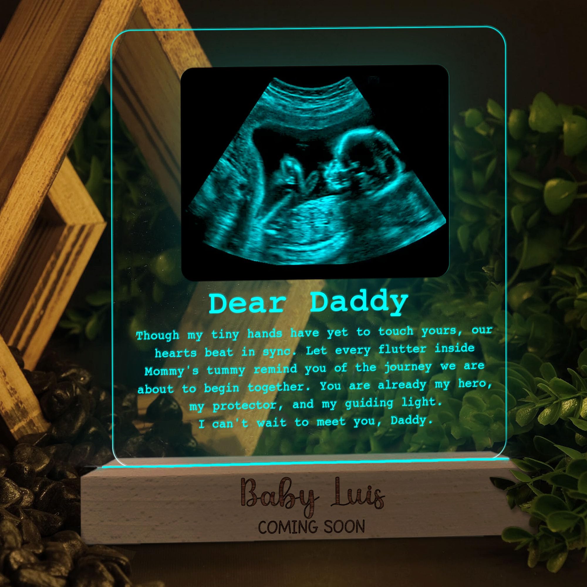 Dear Daddy Custom Ultrasound Photo LED Acrylic Plaque, Baby Sonogram Picture Night Light Keepsake for New Dad 1st Time Dads First Fathers Day Gift, Pregnancy Announcement Baby Reveal Ideas For Husband