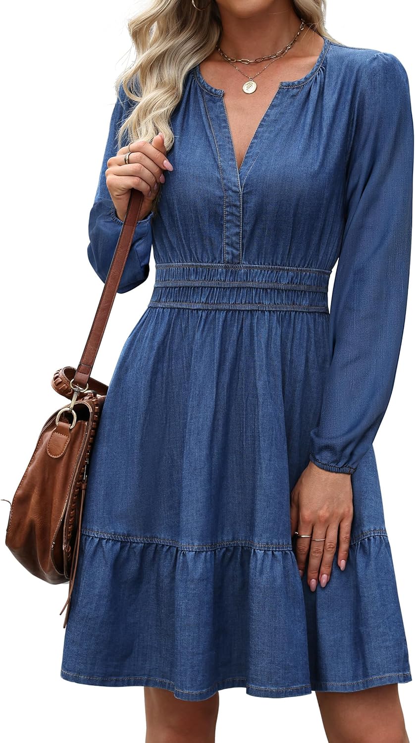 Denim Dress for Women Long Sleeve Tiered A Line Casual Flowy Babydoll Dress Jean Dresses with Pockets 2026