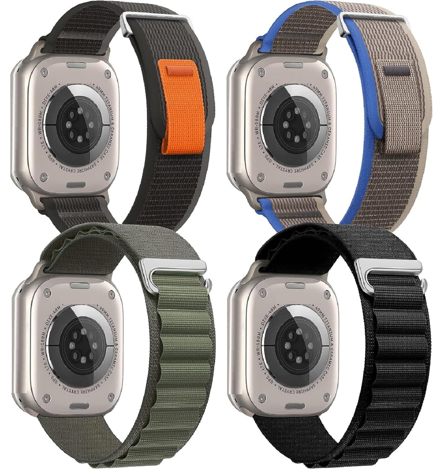 AMiRiTE ASS258 Alpine / Trail Loop Watch Straps/Bands Compatible With Apple iWatch 49mm 45mm 44mm 42mm and 41mm 40mm 38mm, iWatch Ultra Series 8 7 6 5 4 3 2 1 SE SE2 For Men Women Unisex [ COMBO PACK OF 4 ]