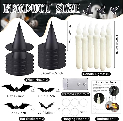 Miniatura 2 de Sombrero de bruja negro de Halloween con luz flotante iluminada con velas cónicas sin llama (con control remoto común) Murciélagos 3D calcomanías de