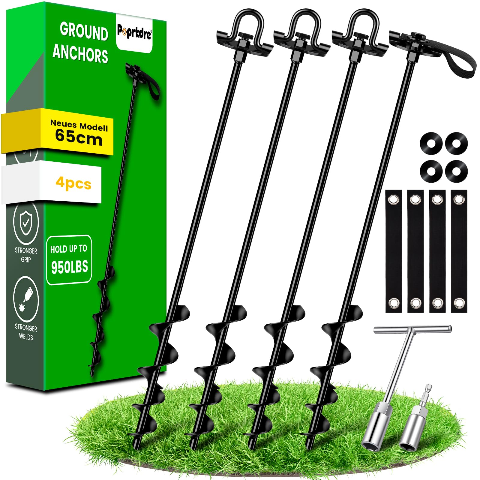 Erdanker Schwerlast 4 Pack (65cm)– Trampolin Erdanker für Garten, Schuppen & Schaukel, Spiral Bodenanker mit versteckter Öse, Rasenmäherfreundlich, Montage mit Bohrmaschine oder T-Griff, Sturmfest