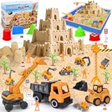 Sensory Beach Toys for Toddlers - 44PCS Sand Construction Kit with 8 Trucks&comma; Foldable Sandbox&comma; 2&period;7lbs Magic Sand&comma; Crane&comma; Signs&comma; Molds&comma; Shovel &ndash; Outoor Toys for Boys & Girls Ages 3&plus;