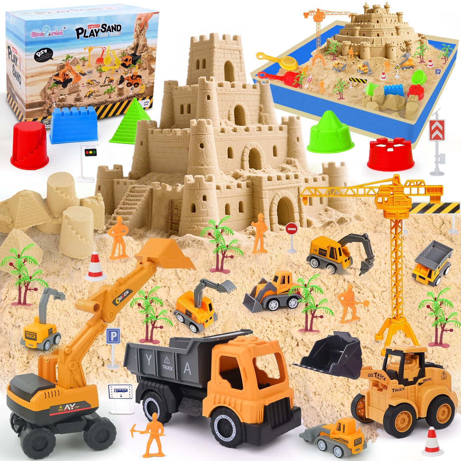 Sensory Beach Toys for Toddlers - 44PCS Sand Construction Kit with 8 Trucks, Foldable Sandbox, 2.7lbs Magic Sand, Crane, Signs, Molds, Shovel – Outoor