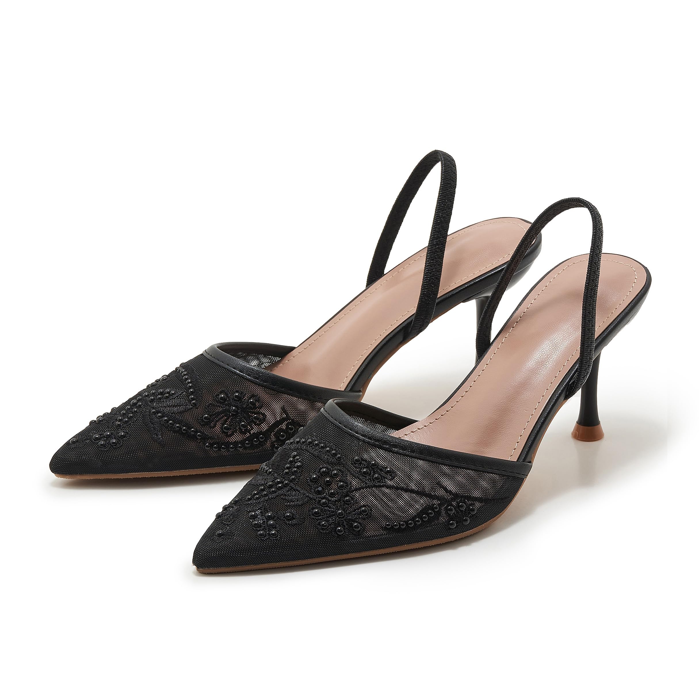 Atbellembroidered Mesh Slingback Heels For Women White Pearl