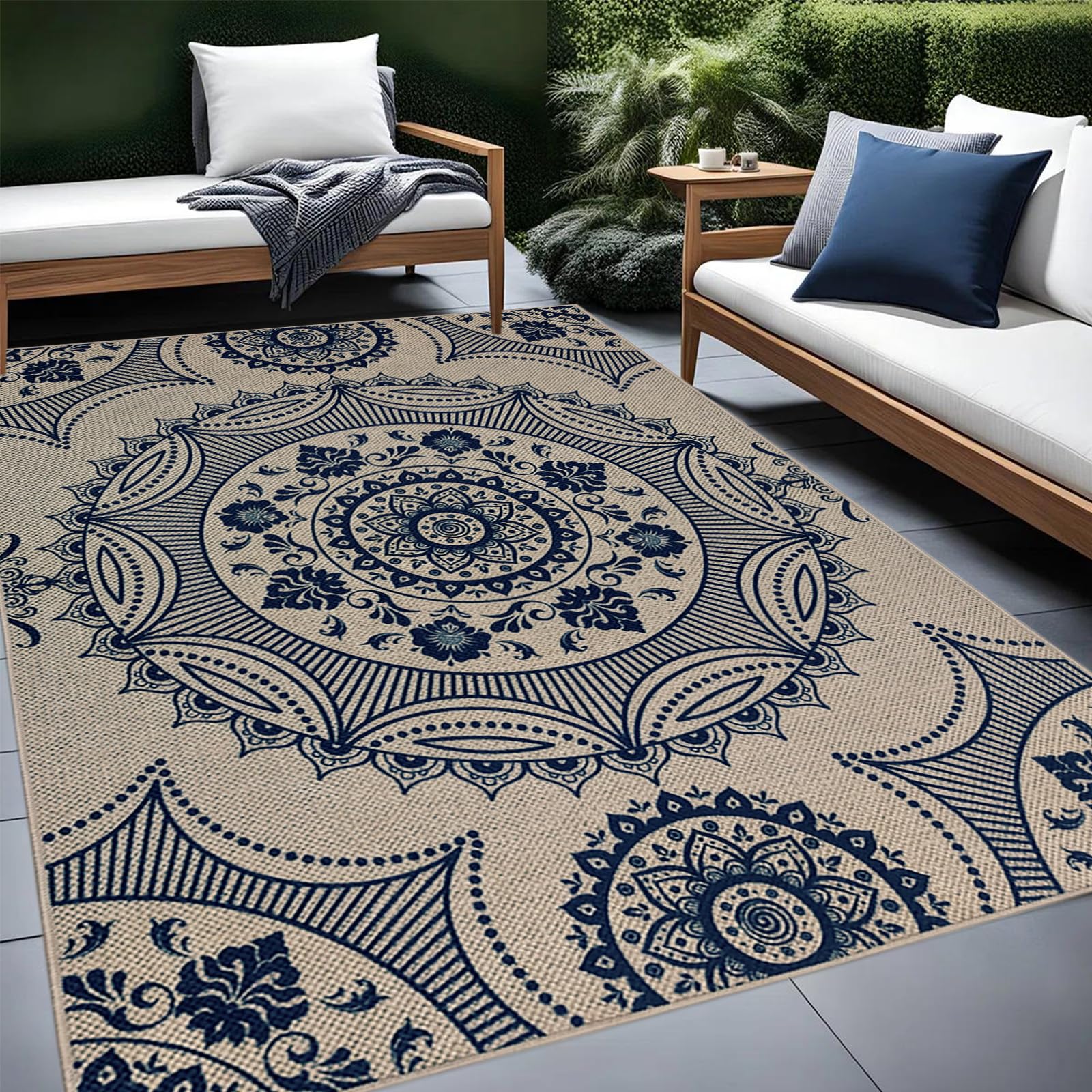 Tapis d'extérieur en jute lavable floral bleu pour nettoyer facilement votre salon