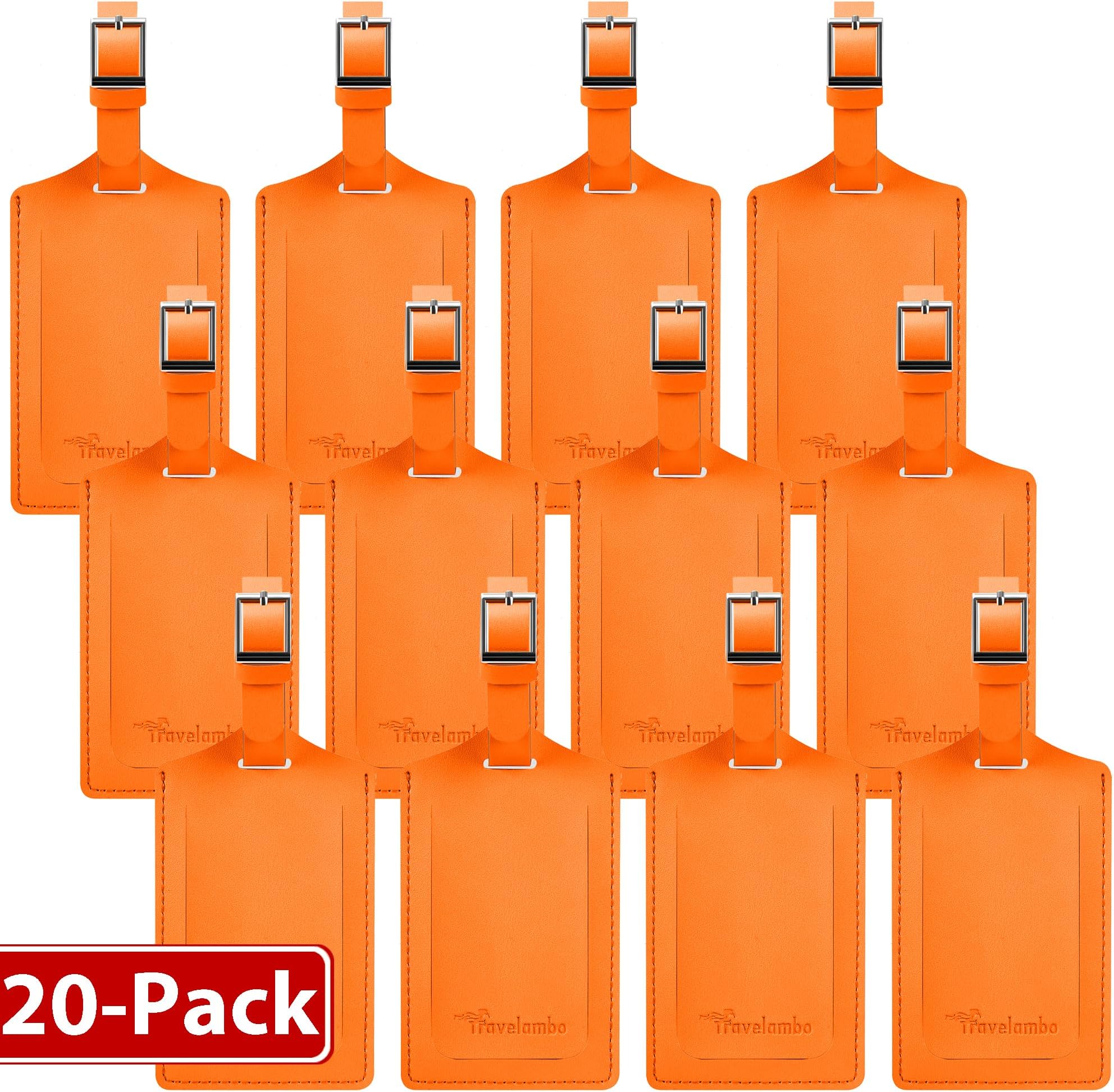 Travelambo 20 Pack Luggage Tags for Suitcases Privacy Protection Bag Tags Faux Leather Travel Accessories Essential, Hot Orange