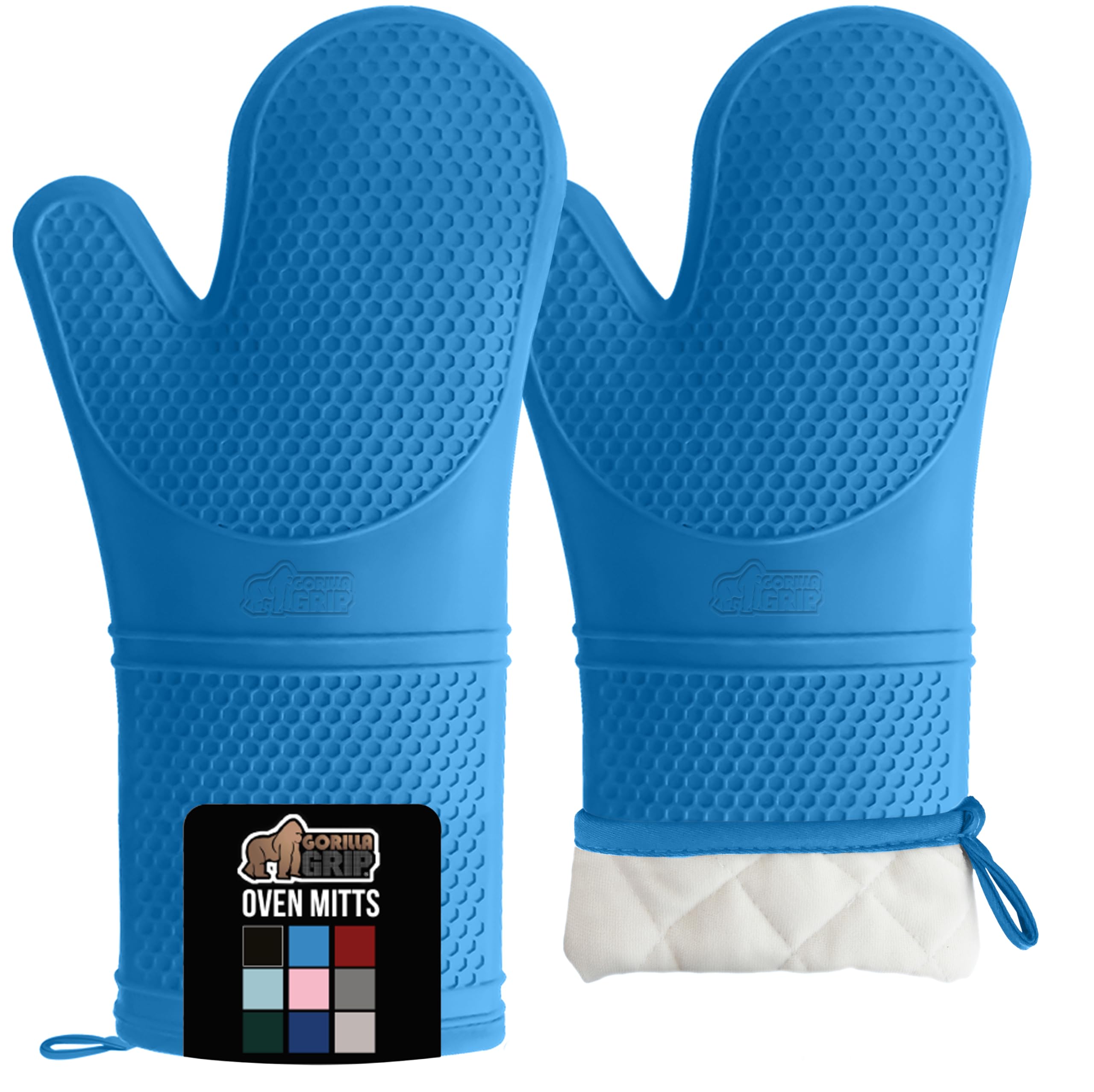 Gorilla Grip Premium Silicone Slip Resistant Oven Mitt Set, Flexible Gloves, Heat Resistant Kitchen Cooking Mitts, Protect Hands from Hot Surfaces, Cookie Sheets, 14.5 Inches, True Aqua Pair, Set of 2