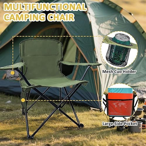 Miniatura 3 de Silla de camping plegable con portavasos y bolsa de almacenamiento, capacidad de 225 libras, pies grandes antideslizantes, tela transpirable con
