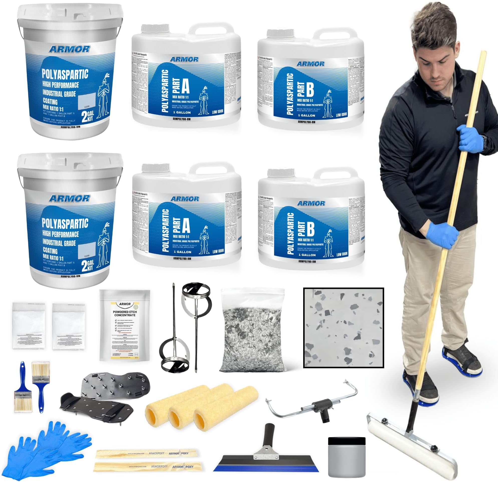 Polyaspartic Floor Coating Kit - 21Pc - Fast Drying - 2 Layer - 1 Day System - 500 Sq Ft - Polyaspartic Garage Floor Coating Kit - For Indoor, Outdoor, Automotive, Balcony (Designer Gray)